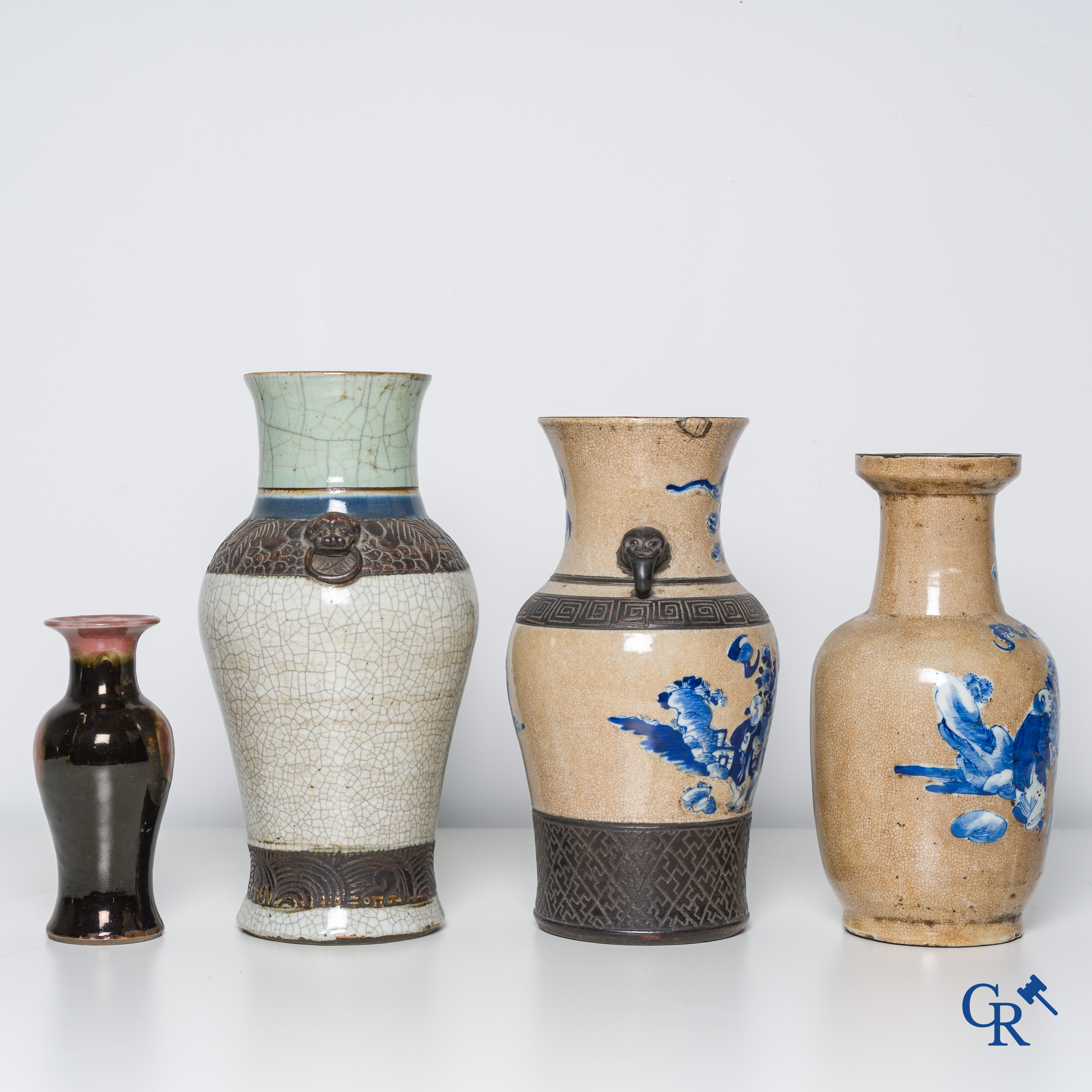 Asian Art, Chinese porcelain, 3 Chinese nanking vases, a red copper decorated vase attached.