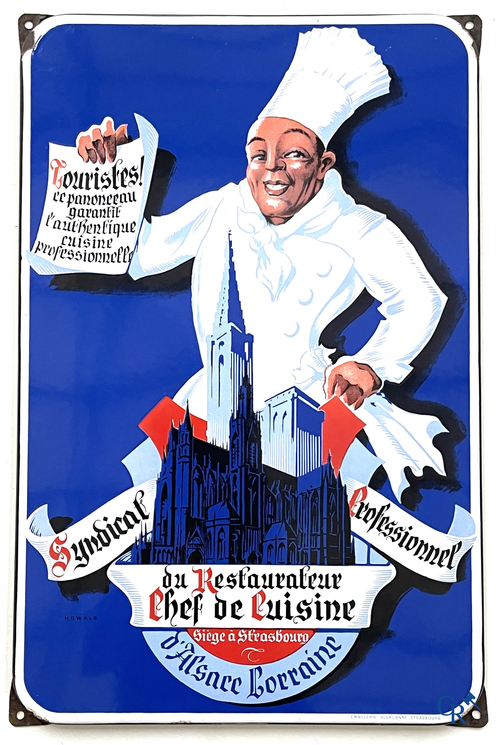 Chef de Cuisine, emaille bord voor de Syndical Professionnel du Restaurateur d'Alsace Lorraine. Gesigneerd Howald.