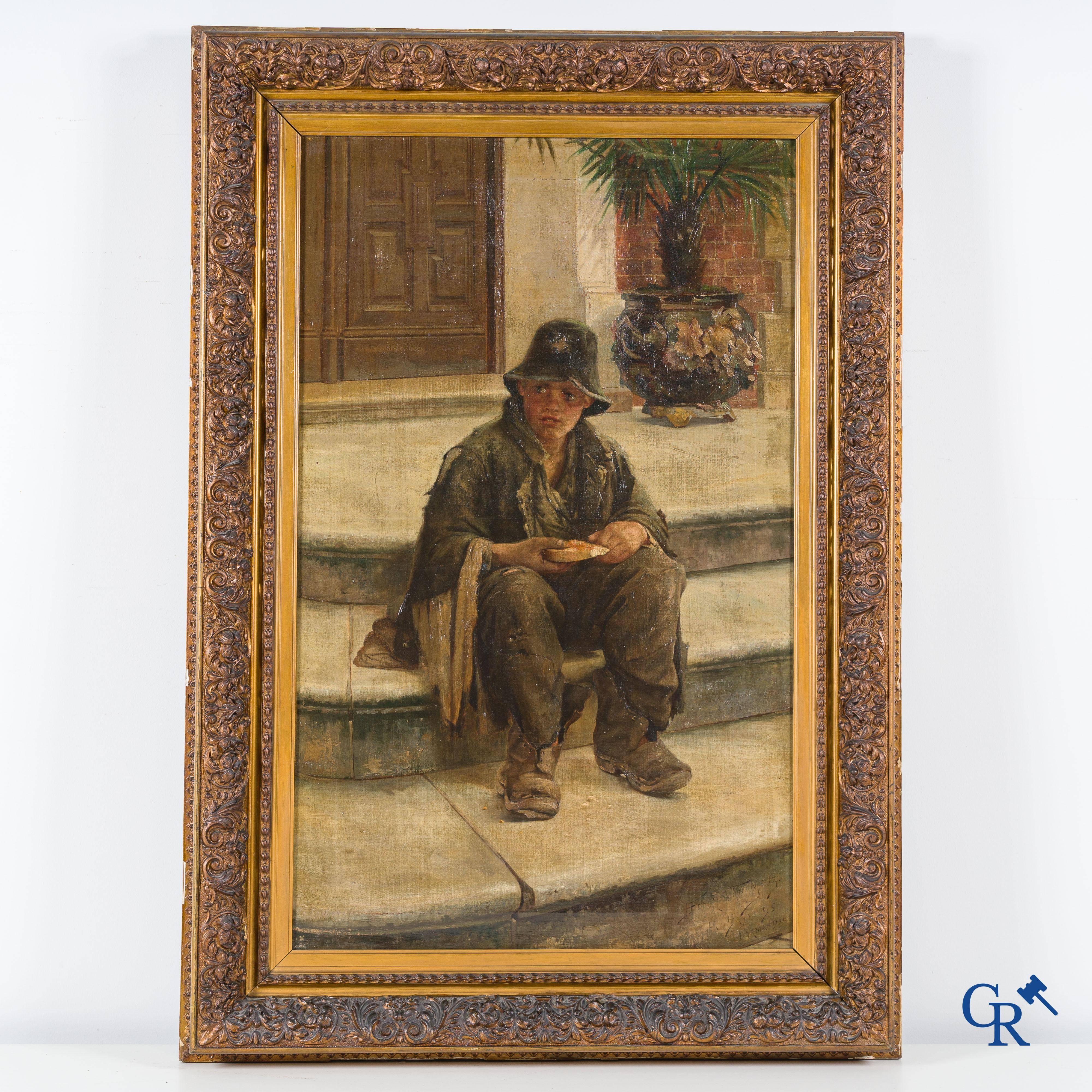Henri Van Melle (1859-1930) "The little beggar" oil on canvas, Signed.