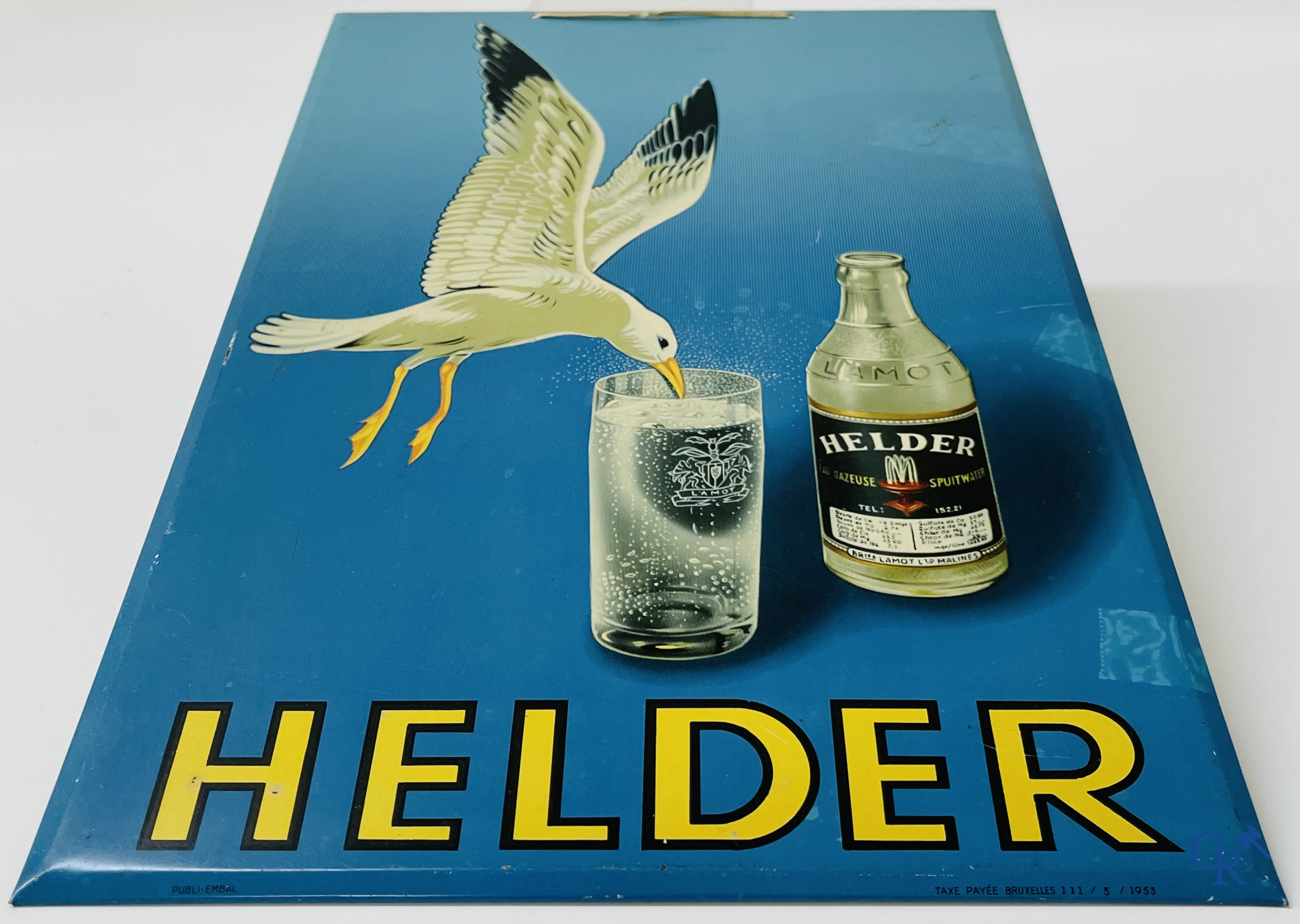 Helder, Advertising sign in printed metal for Lamot spray water. Taxe payée Bruxelles 111/5/1955.