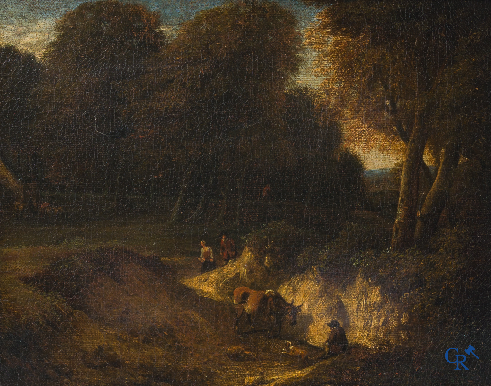 Cornelius Huysmans, Van Mechelen (1648-1727) Flemish school, Forest view with characters and animals. With old exhibition label.