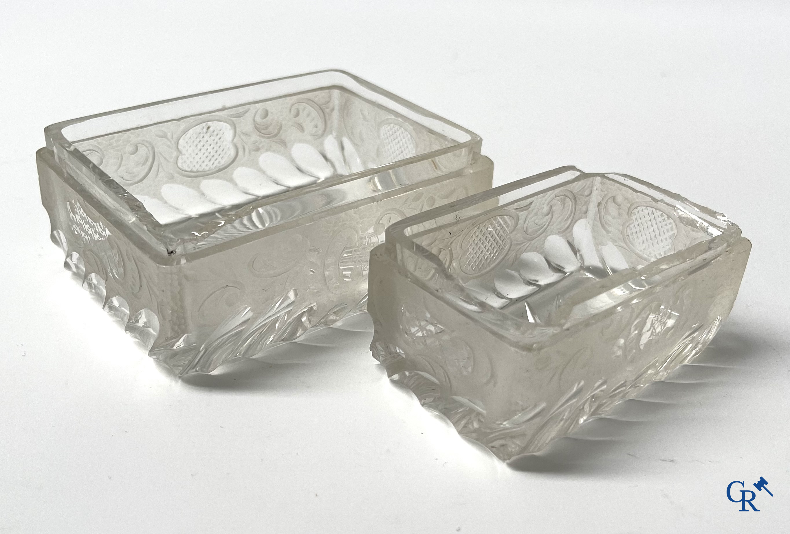 A seven-piece toilet set in silver-plated metal, finely cut crystal and enamelled plaques.