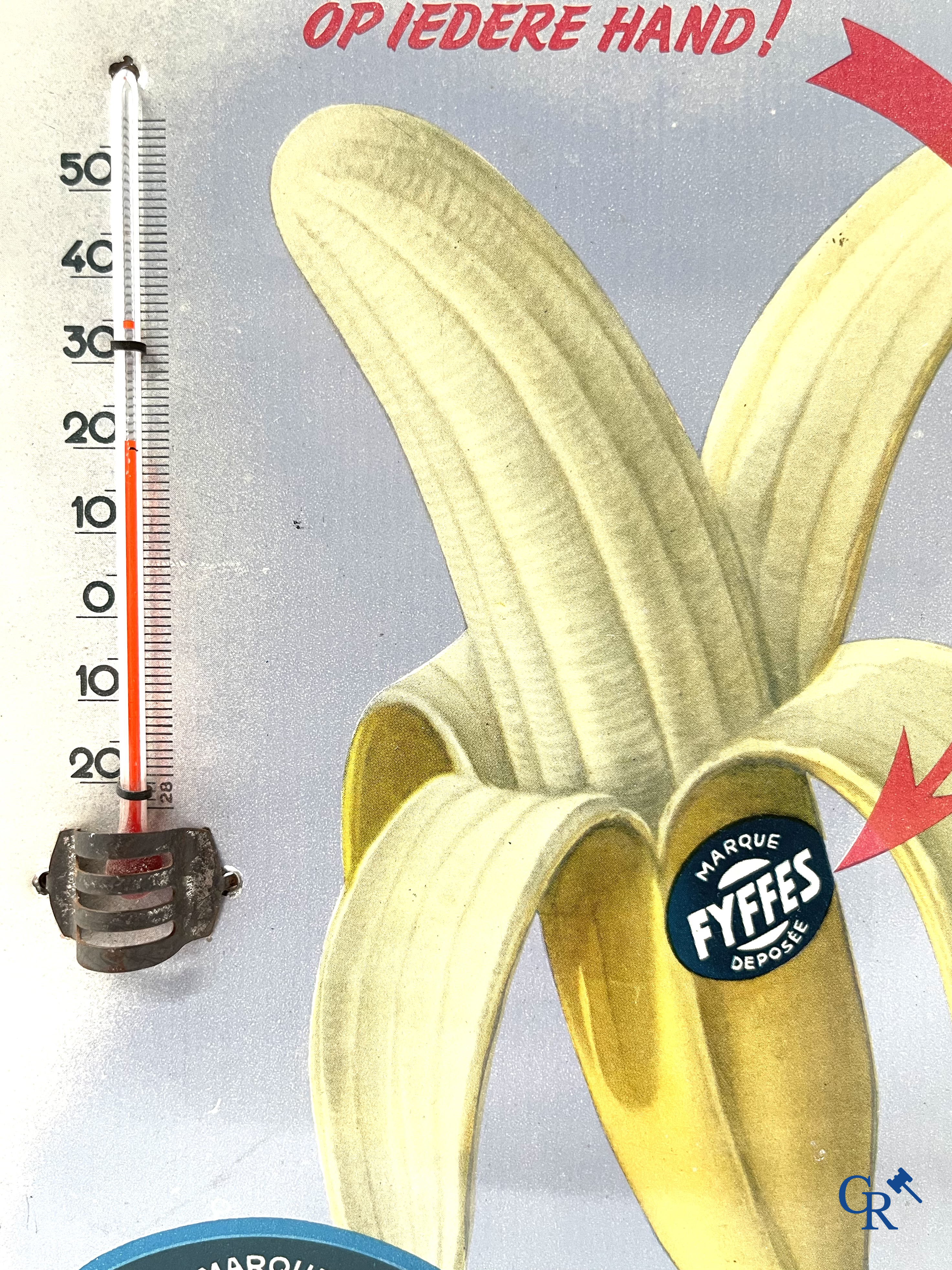 Fyffes, een publiciteits thermometer in bedrukt blik voor Fyffes bananen. Sobi Brussel 1956.
