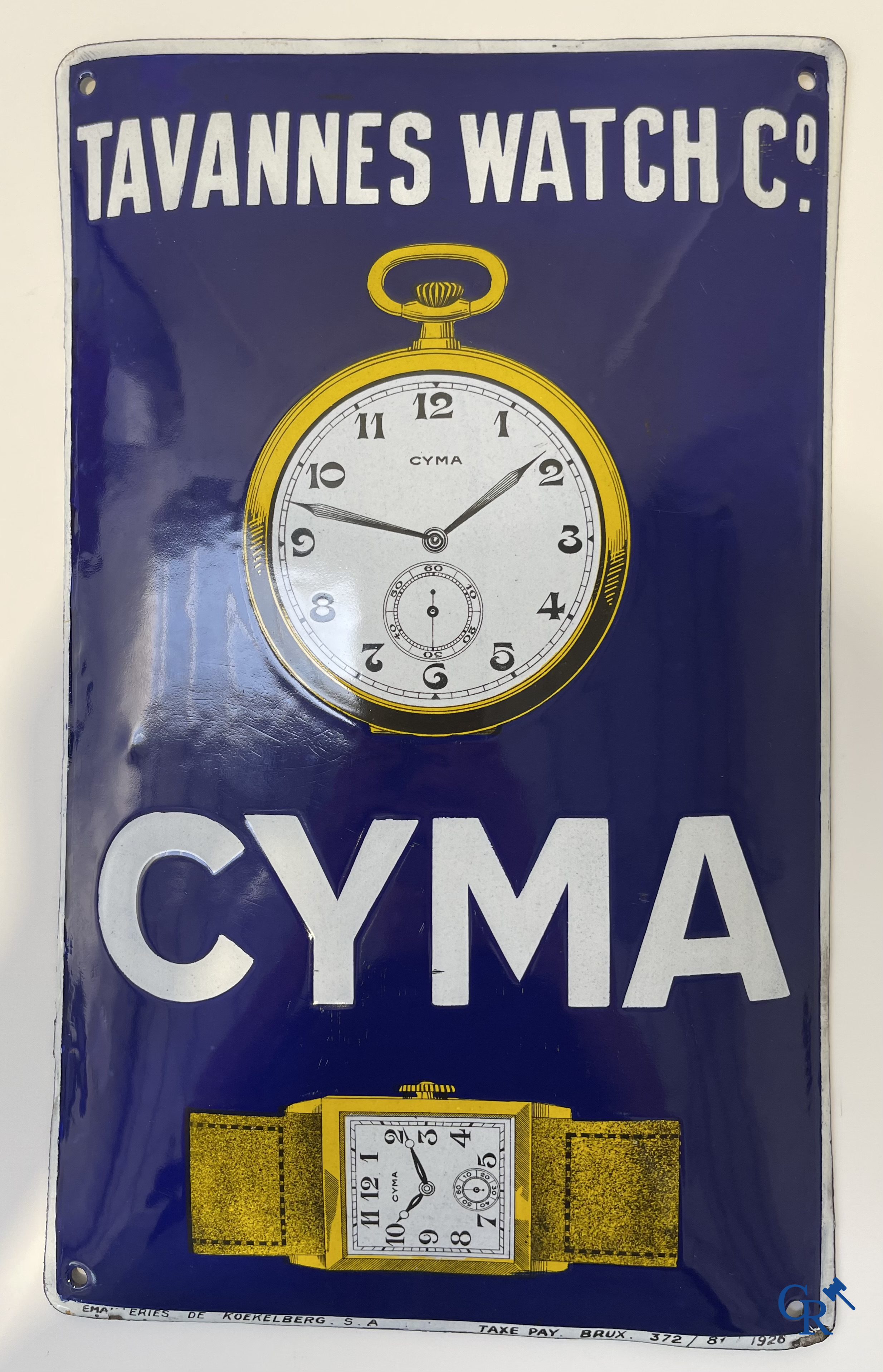 Tavannes Watch Company. Bombed enamel advertising sign for Cyma wrist and pocket watches. 1926.