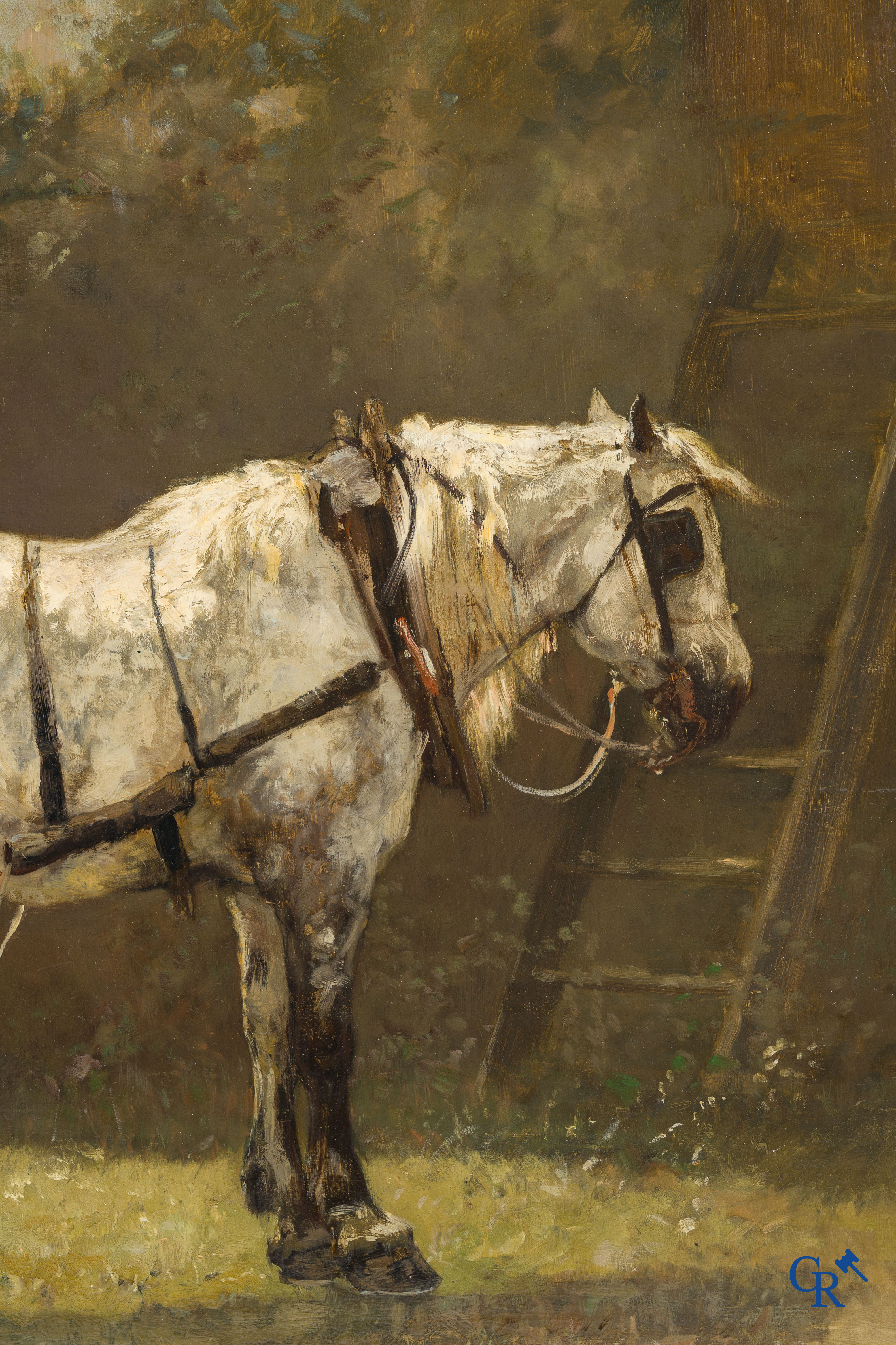 Edmond de Pratere (Kortrijk 1826 - Elsene 1888) "Op de Boerderij" Olie op mahoniehout. Gesigneerd.