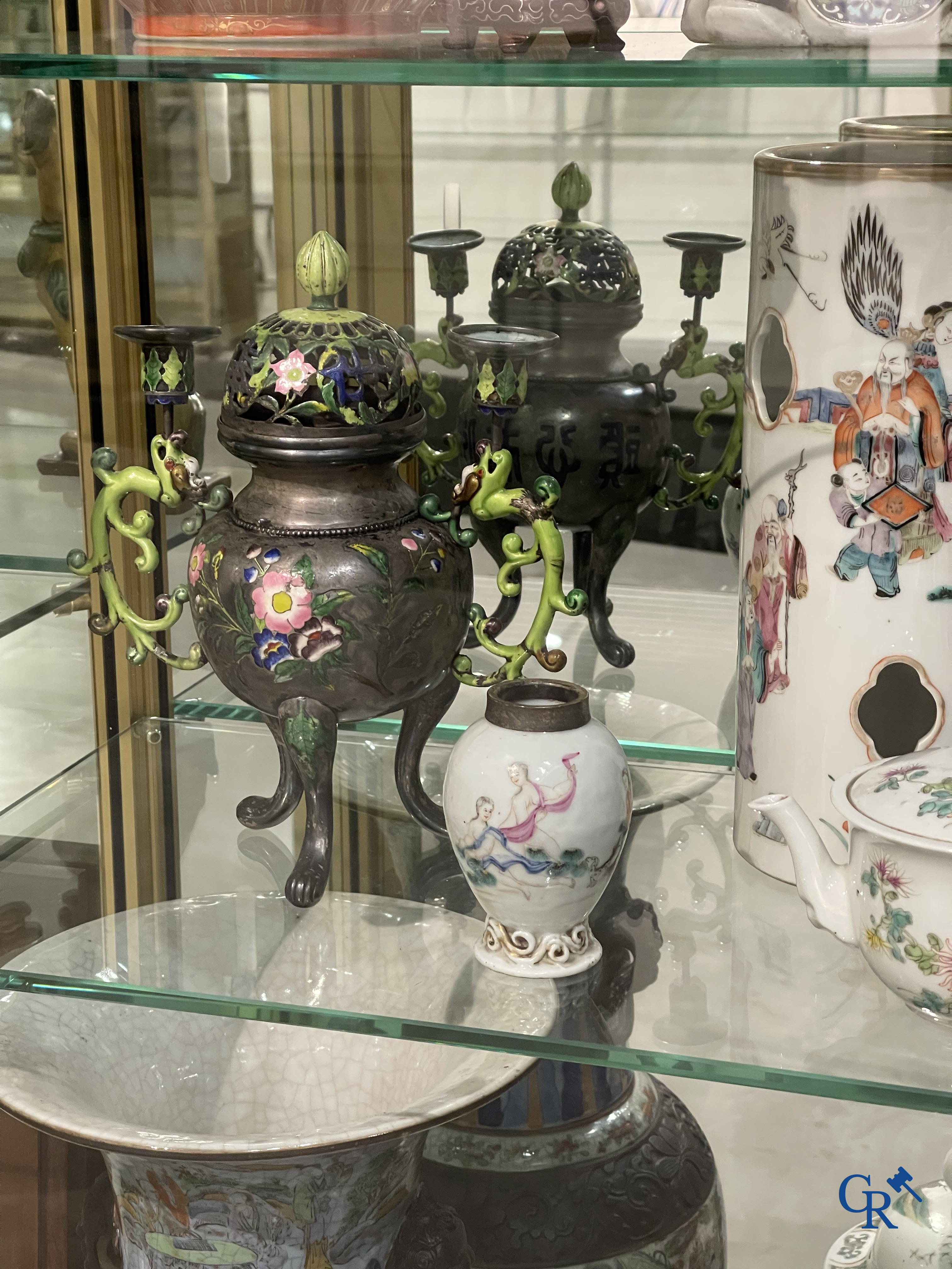 Asian Art, a Chinese silver and enamelled incense burner with candle holders. Marked. 18th-19th century.
