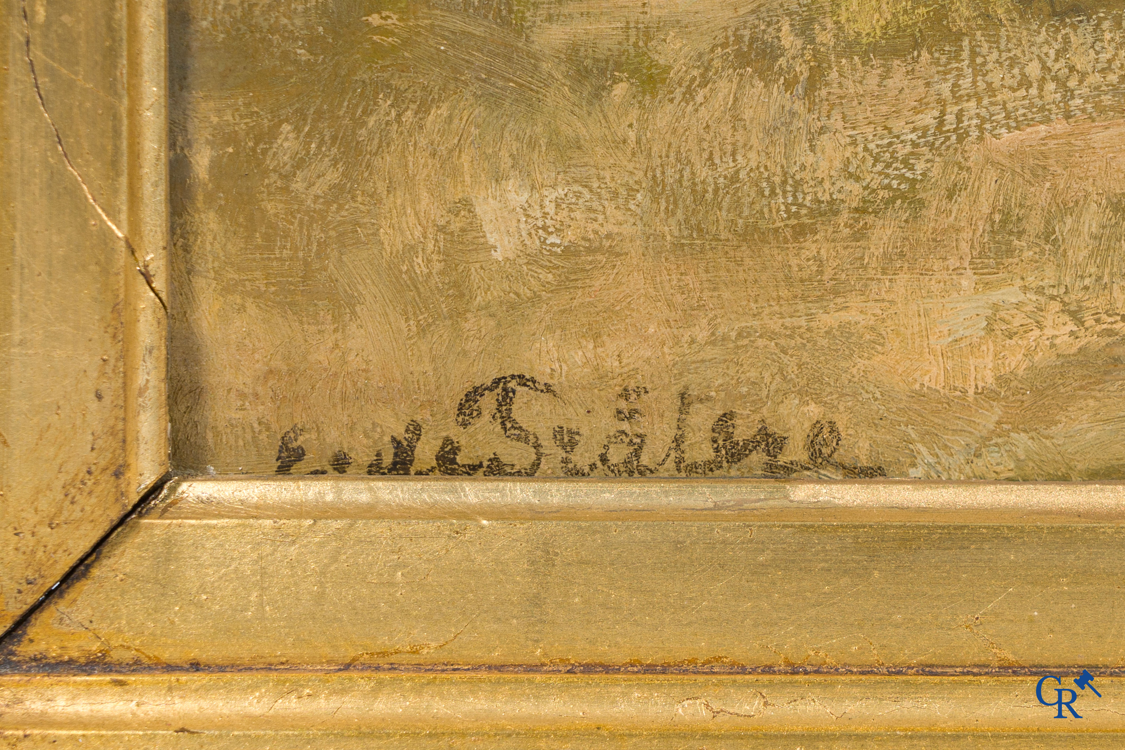 Edmond de Pratere (Kortrijk 1826 - Elsene 1888) "Op de Boerderij" Olie op mahoniehout. Gesigneerd.