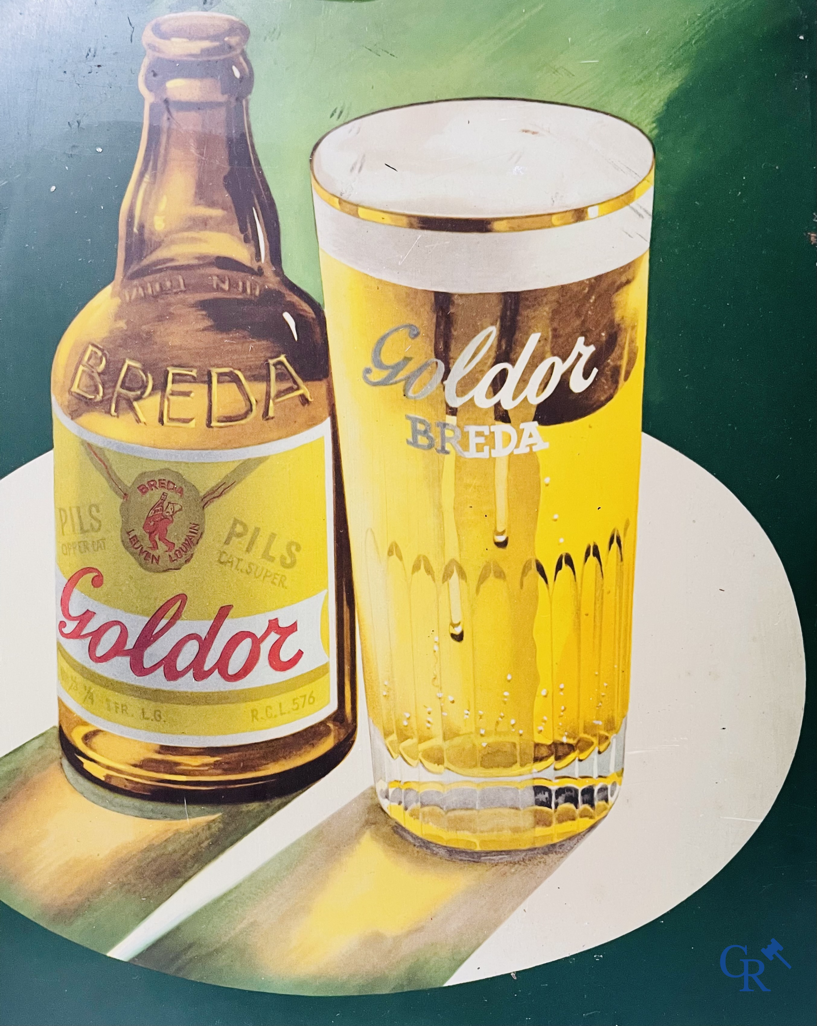 Goldor, Brouwerij Breda te Leuven. Publiciteit voor Goldor Pils gedrukt op metaal. Creation Etipan Bruxelles 1957.