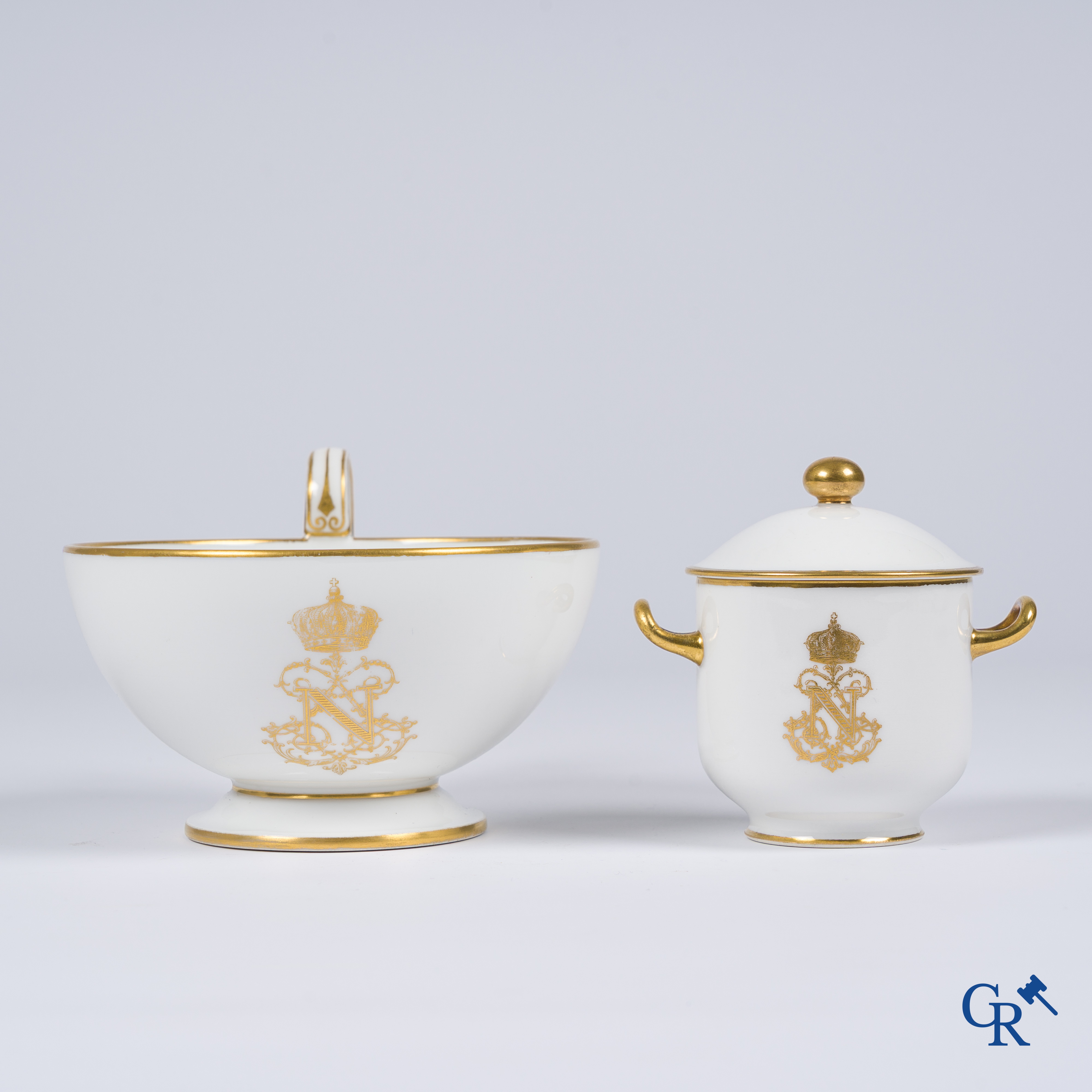 Sèvres, Napoléon III. Large cup and saucer, a small sugar pot attached. Marked and dated 1861, '64 and '67.