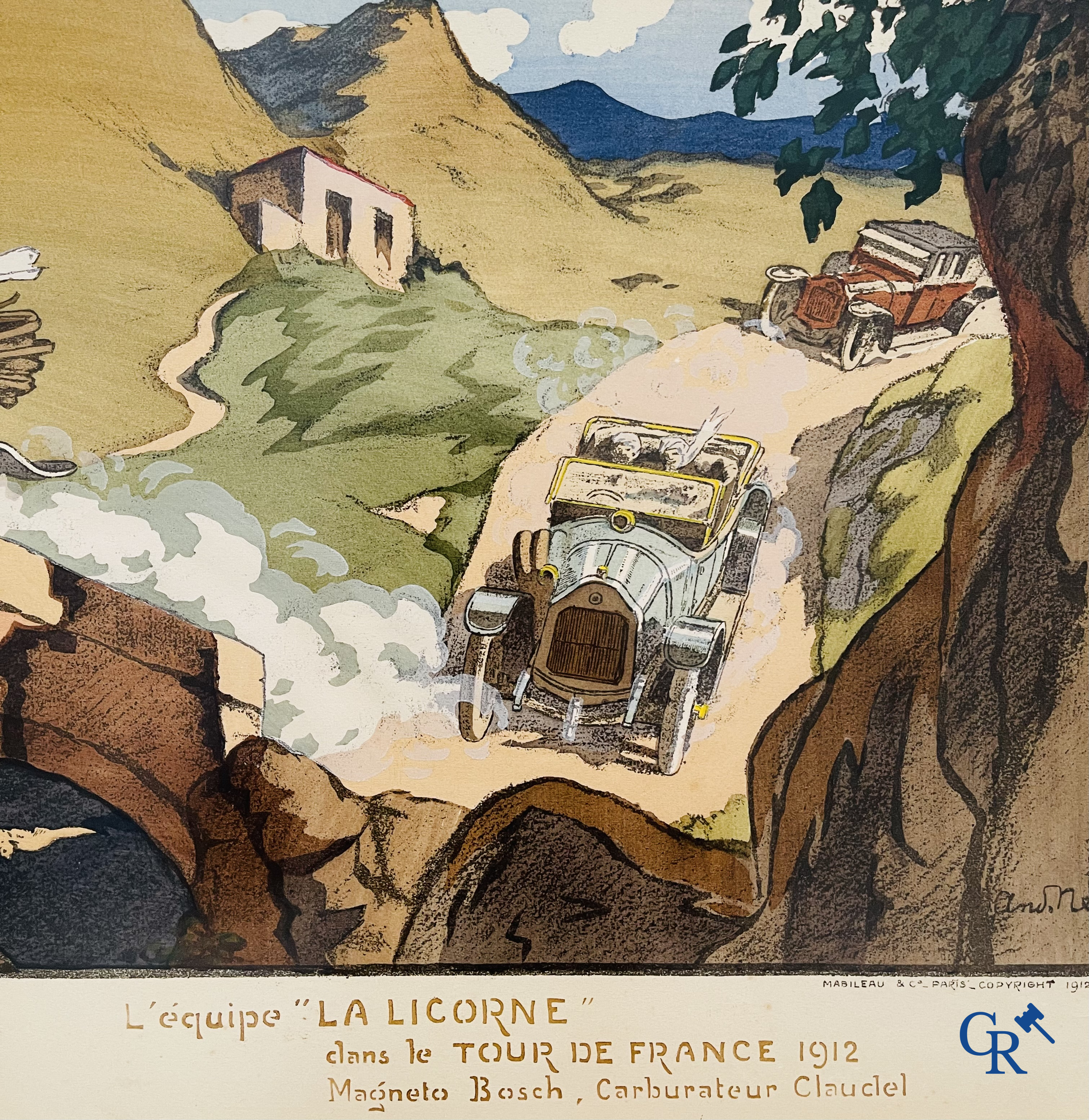 André Nevil, L'équipe "La Licorne" dans le Tour De France 1912. Colour lithography. Mabileau & Comp. Paris 1912.