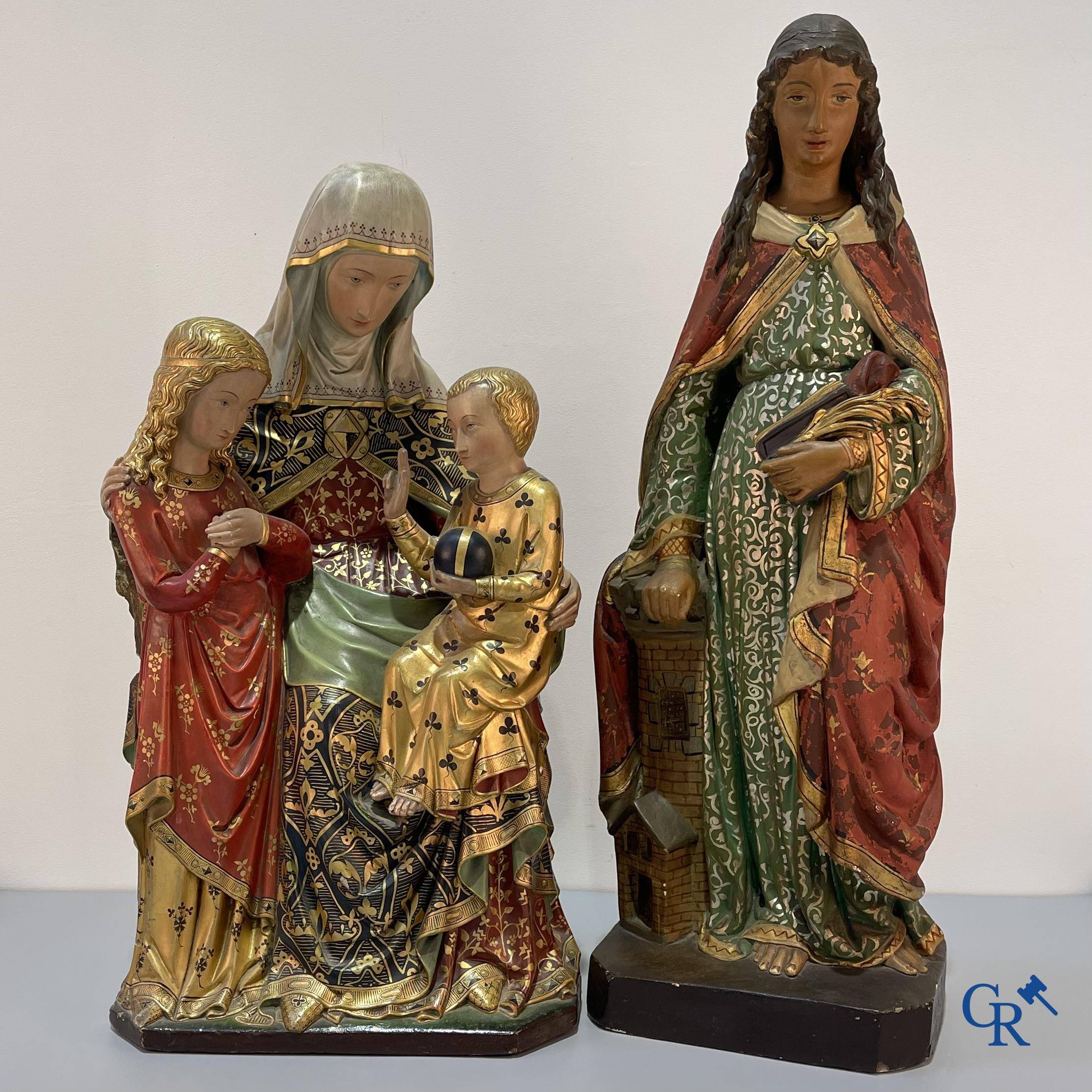 Religious objects, representation of Sint Barbara and Sint Anna ten Drieën in original polychromy. Late 19th century.