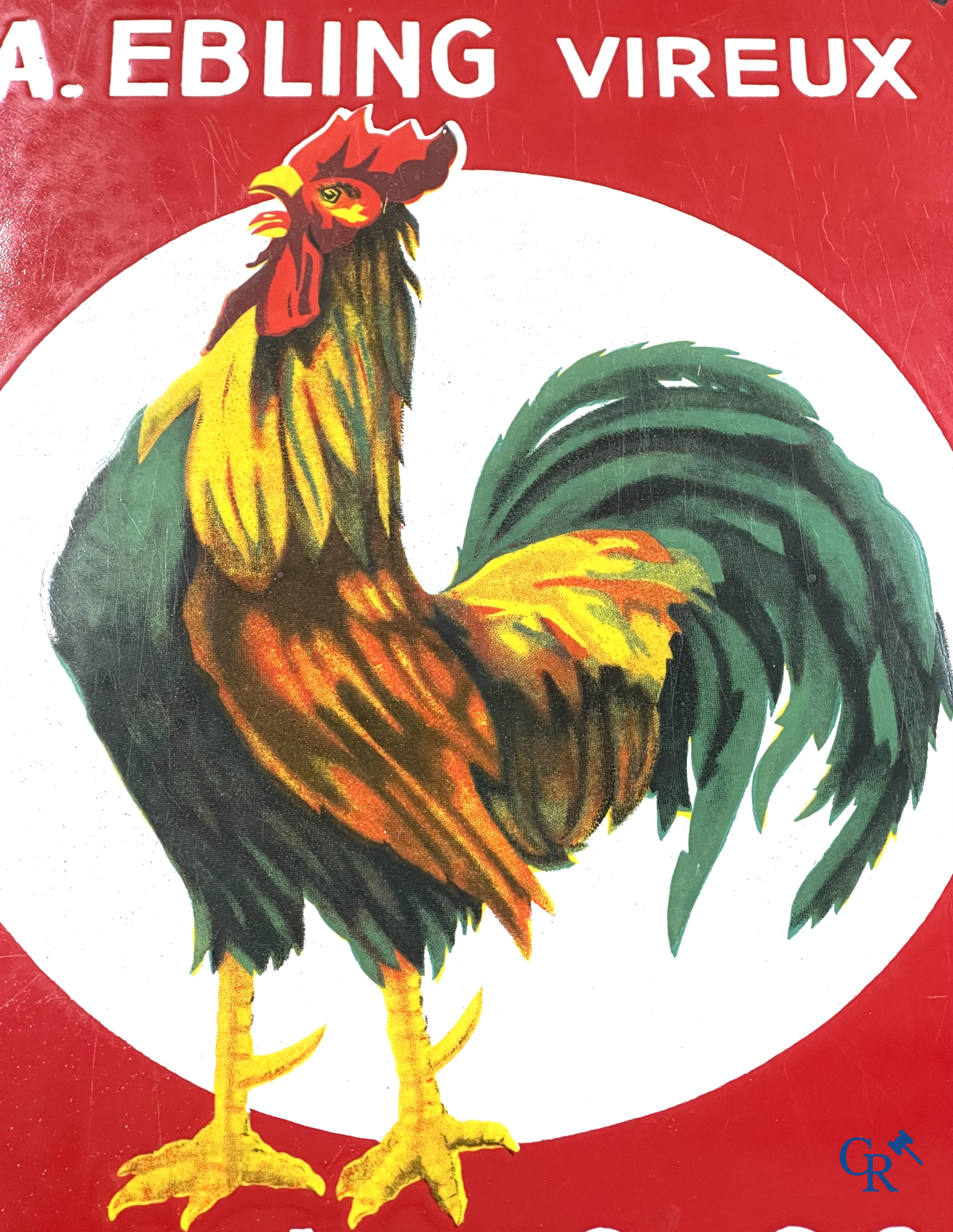 Brasserie du Coq Ardennais, Plaque émaillée publicitaire pour bières, sodas et limonades de la brasserie Ebling à Vireux.