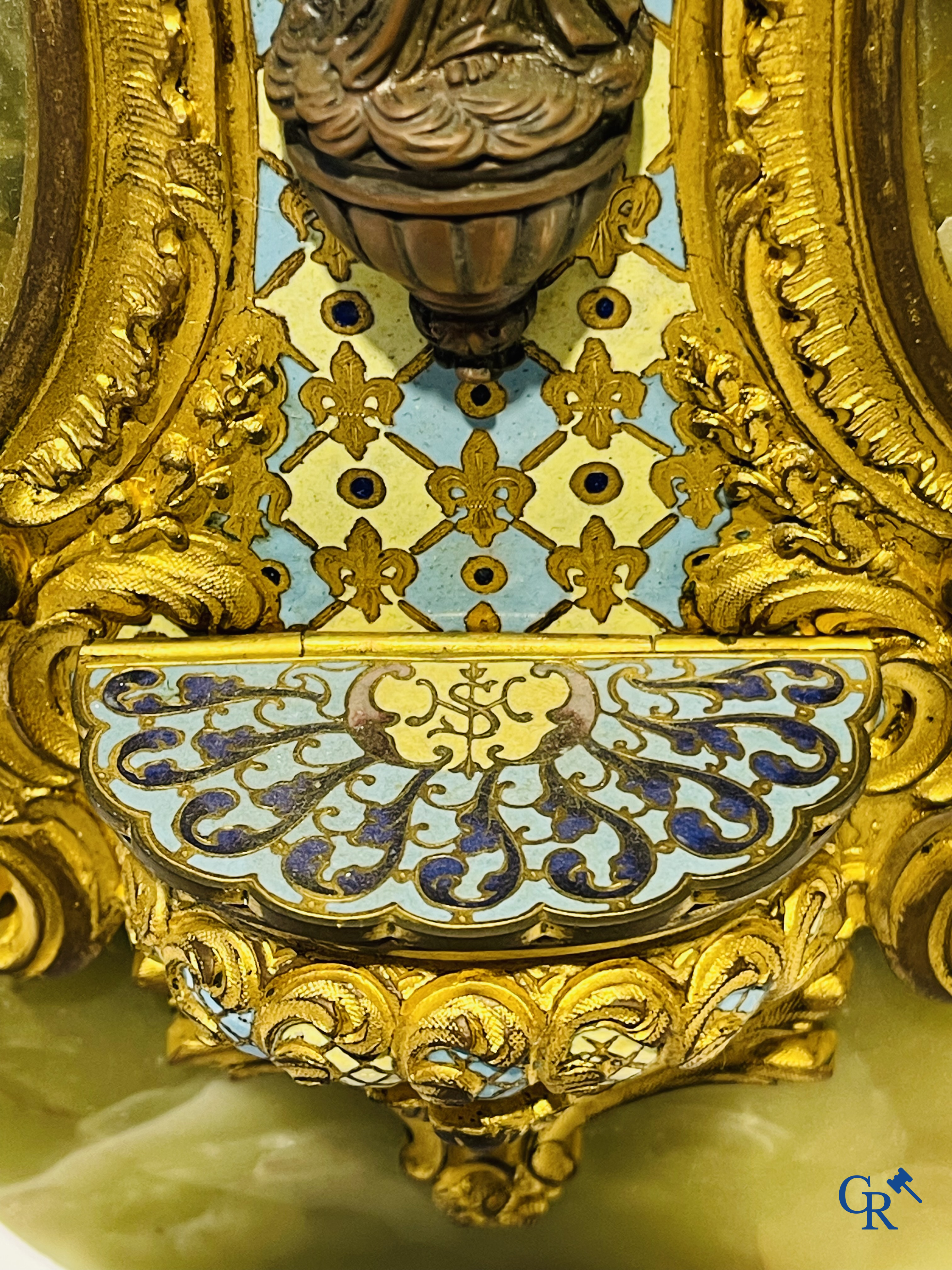 Religious objects, 2 holy water vessels in bronze and cloisonné and an alabaster statue of the sacred heart. 19th century.