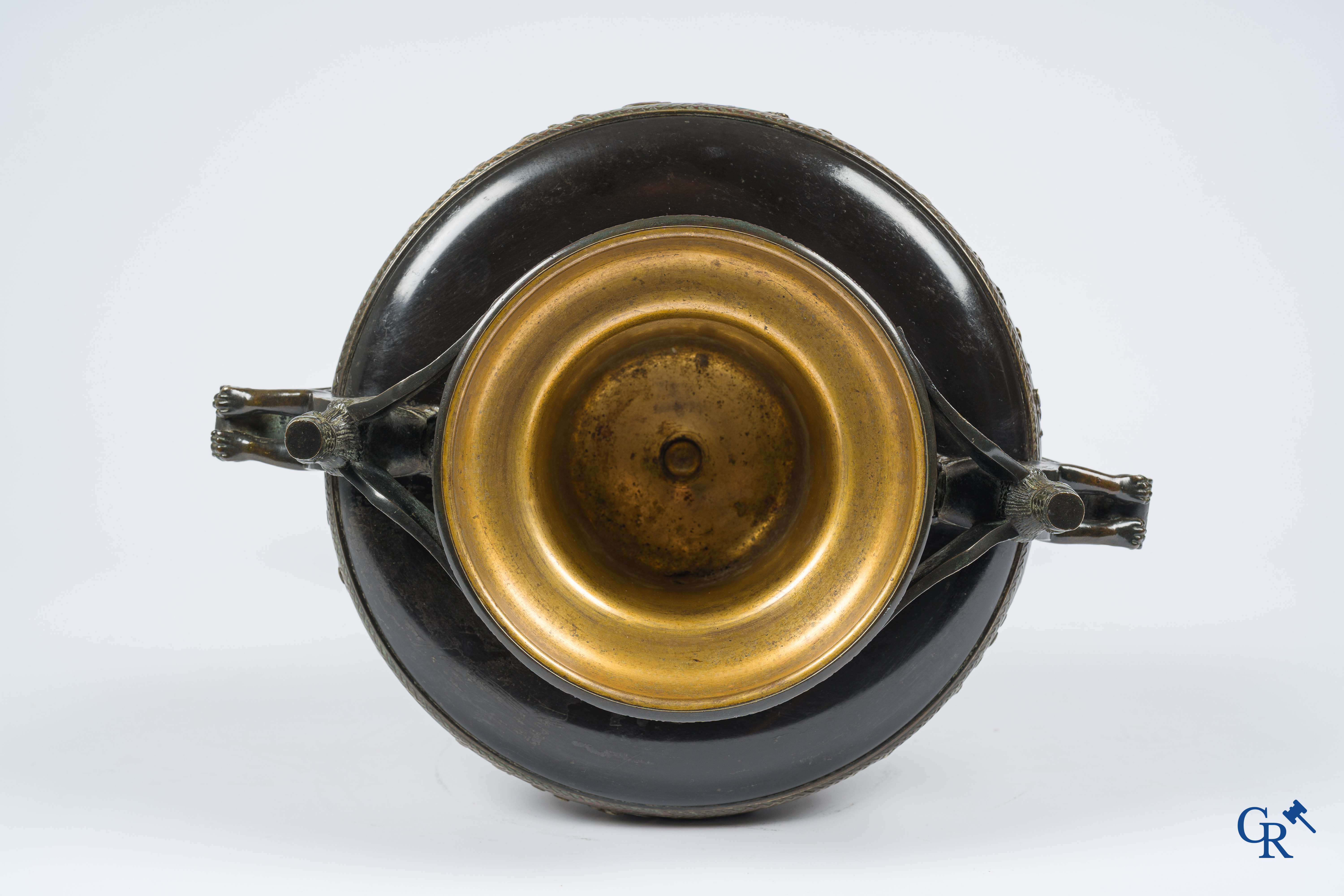 Charles Stanislas Matifat (1820-1875) Bronze Kylix-shaped vase with Lamassu handles. France circa 1860.