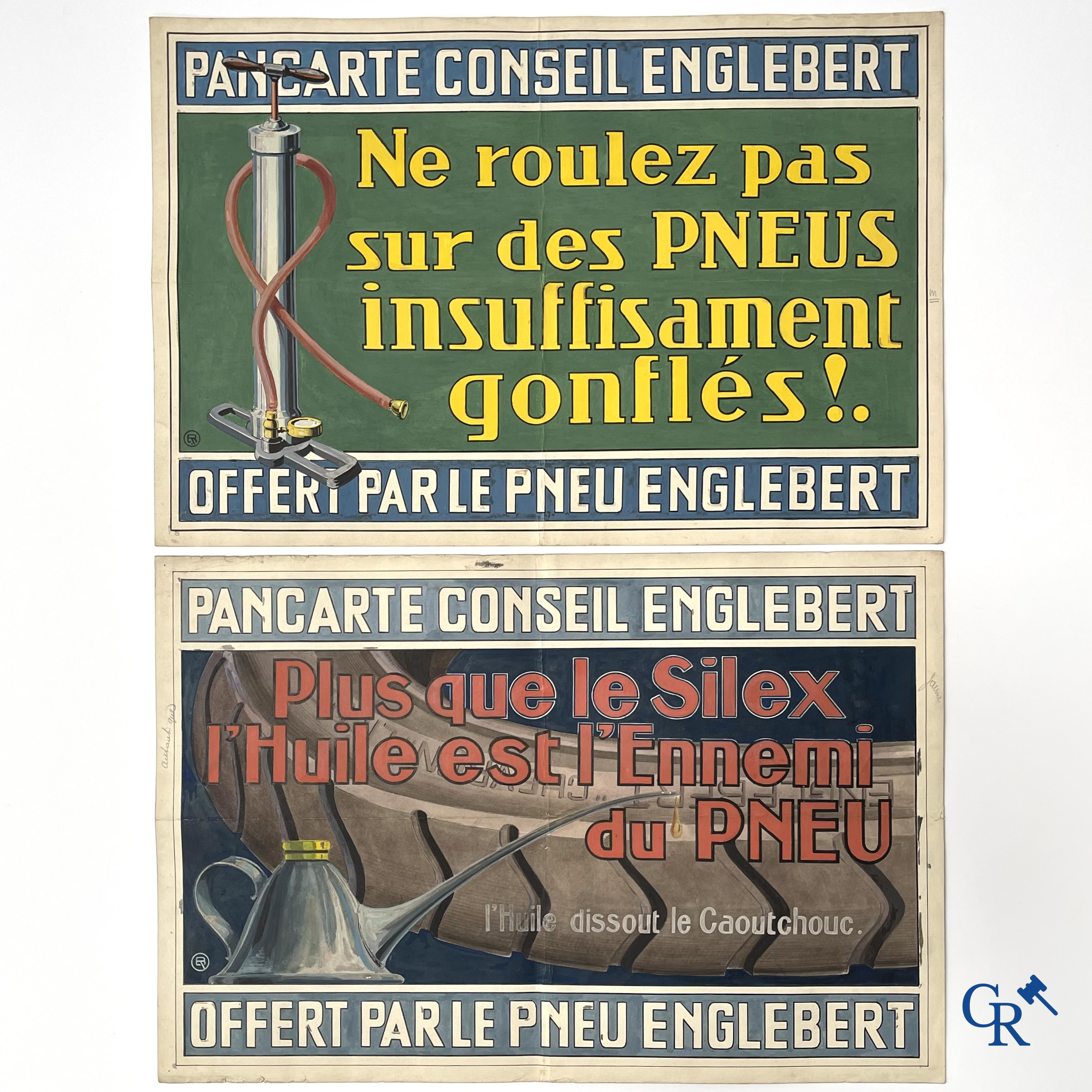René Boby, een paar voorstelmodellen in gouache voor raadsborden van de Englebert bandenfabriek te Luik. Circa 1930.