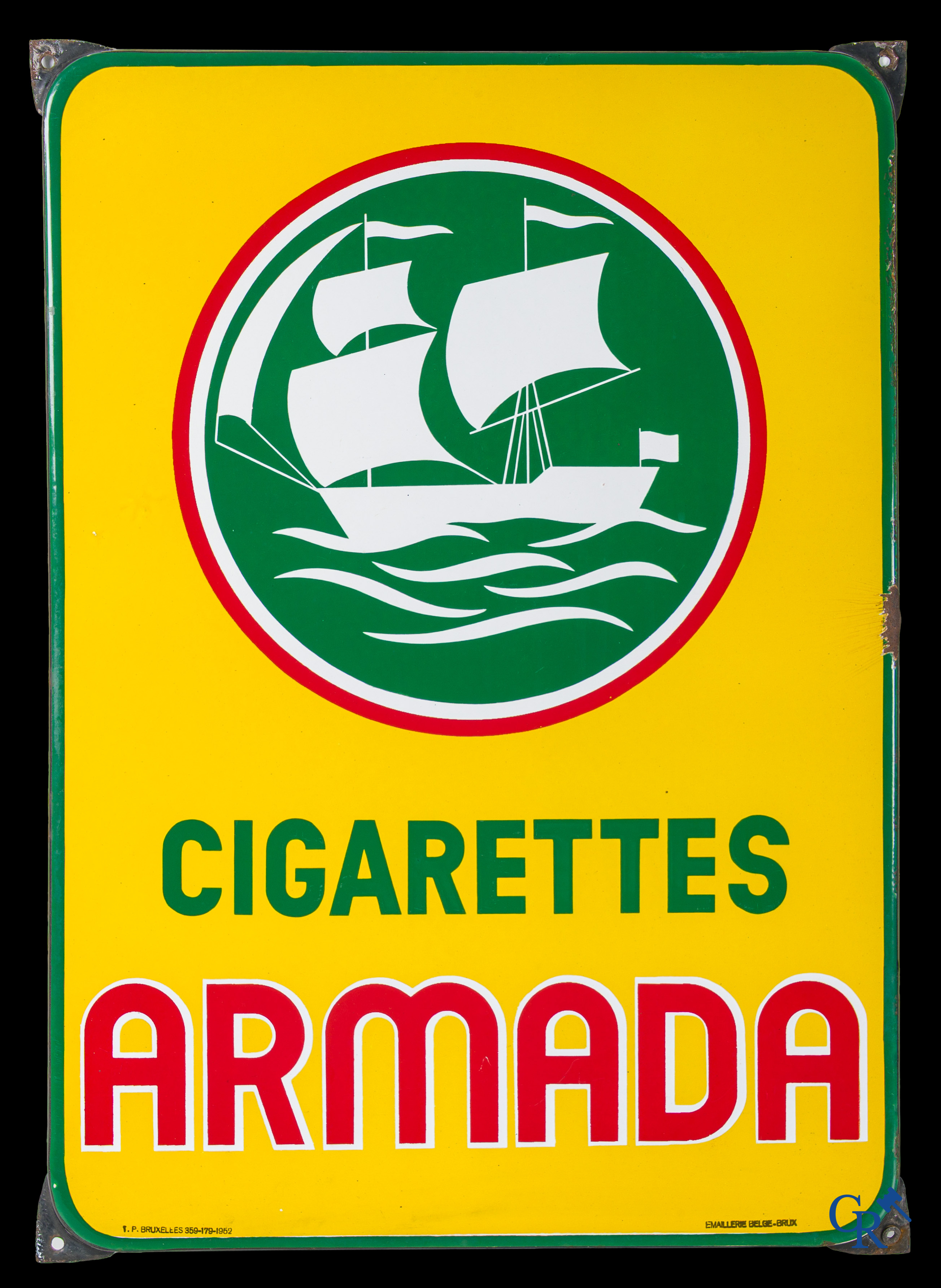 Cigarettes Armada, emaille reclamebord met een zeilschip. Emaillerie Belge Bruxelles 1952.