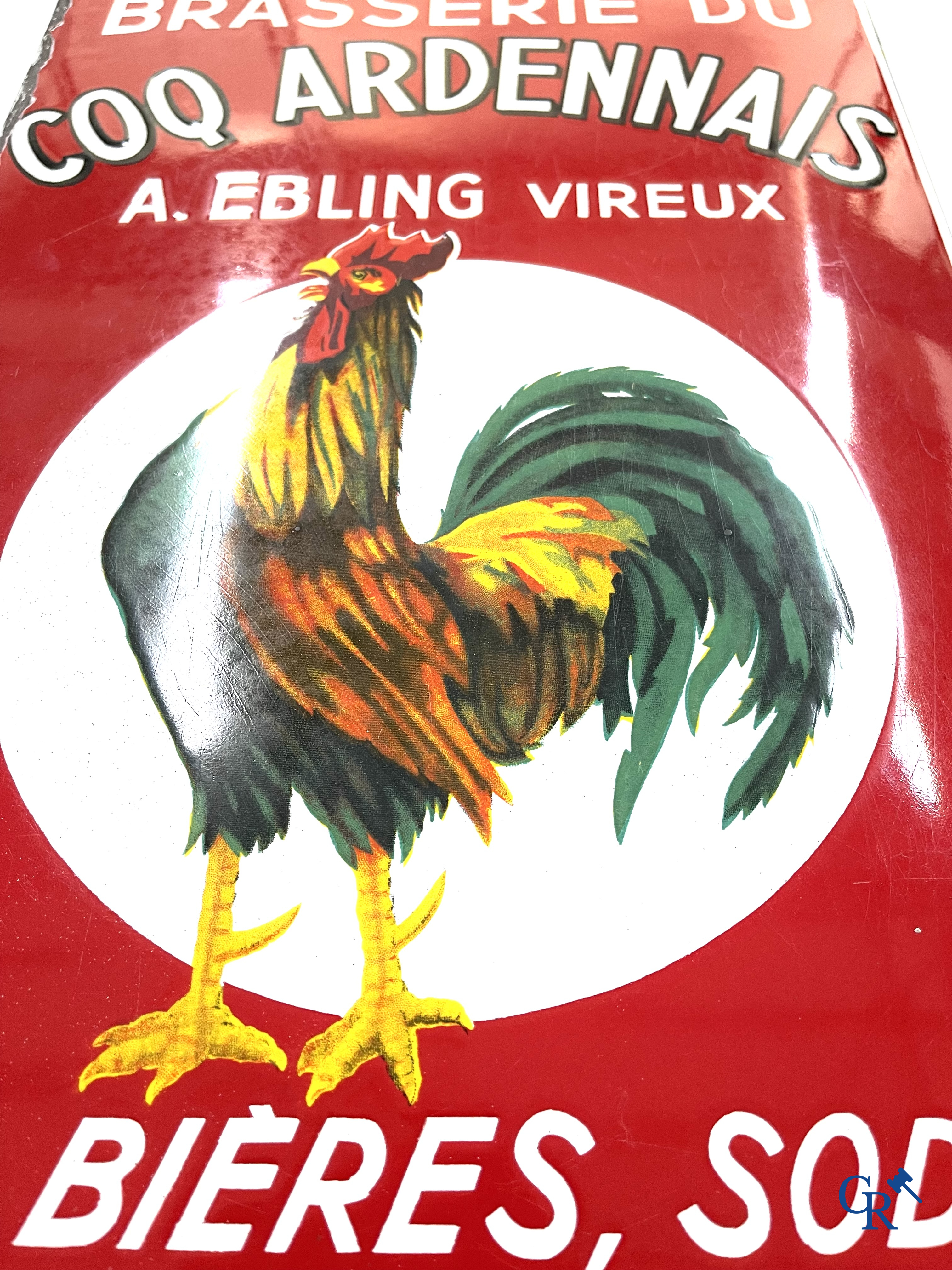 Brasserie du Coq Ardennais, Plaque émaillée publicitaire pour bières, sodas et limonades de la brasserie Ebling à Vireux.