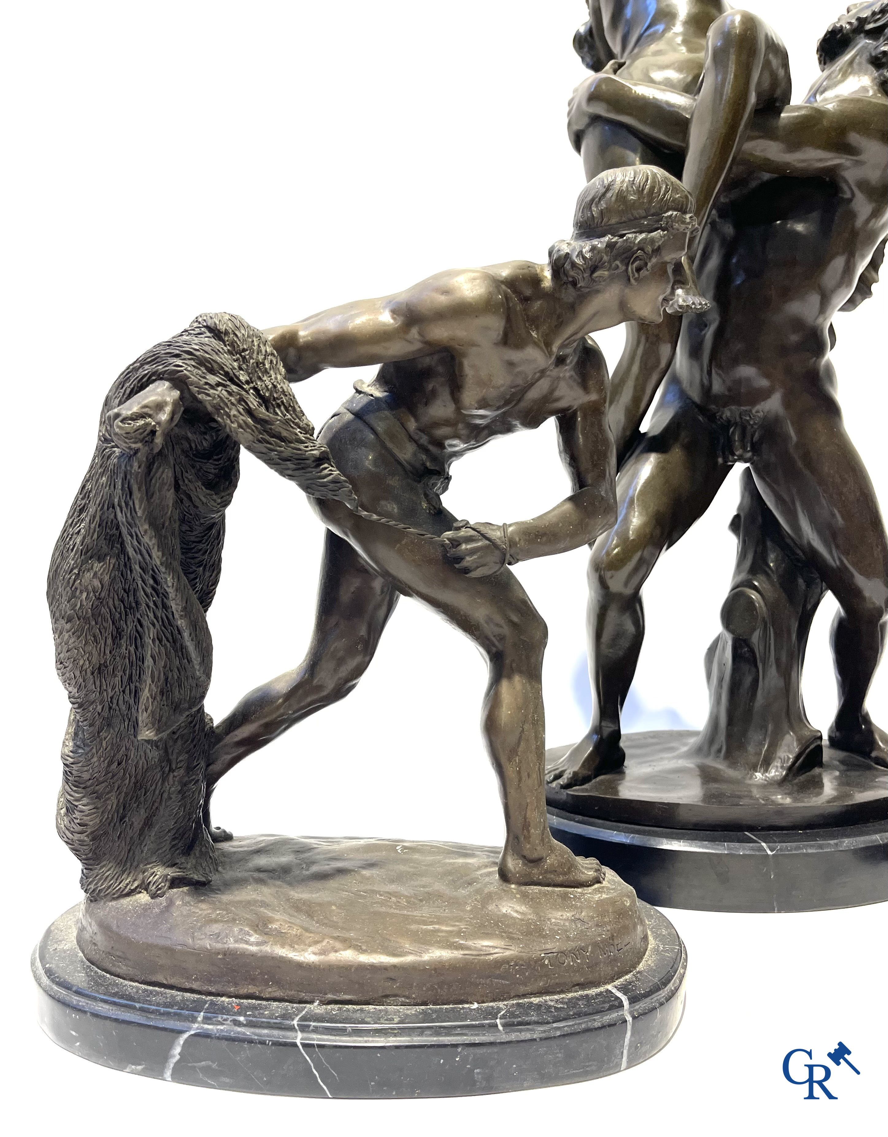 3 bronze statues after the antiques on a marble base. 20th century.