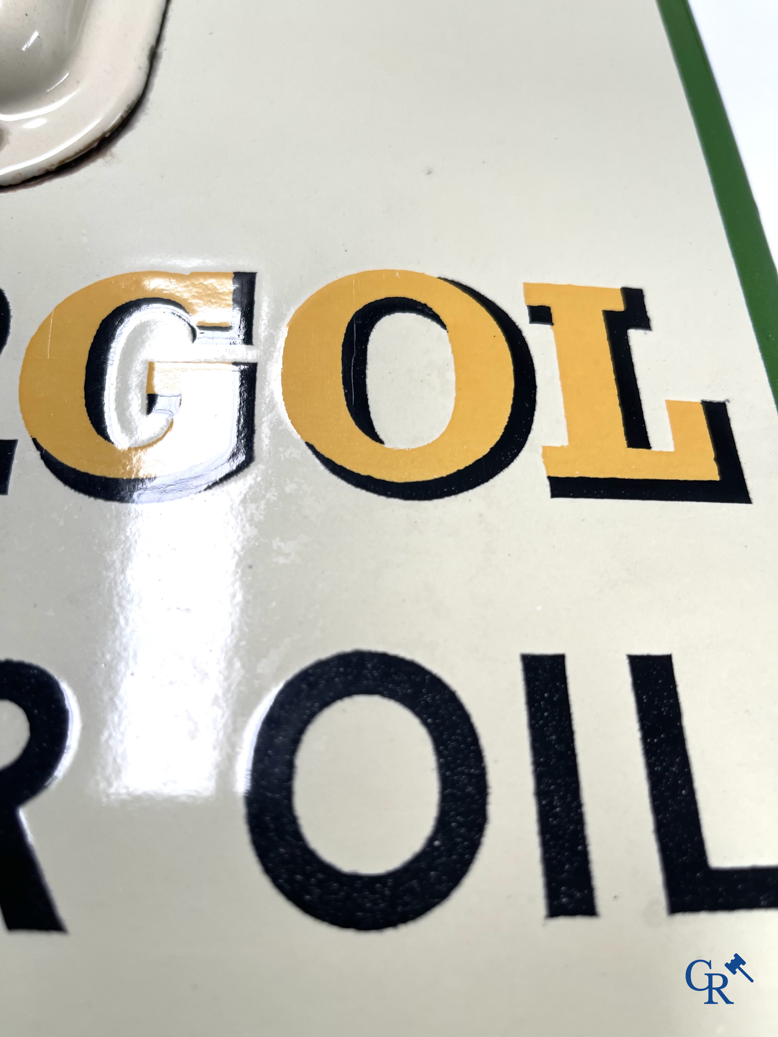 BP Motor Oil. An enamel advertising sign with integrated thermometer for BP motor oil. Emaillerie Belge. 1950's.