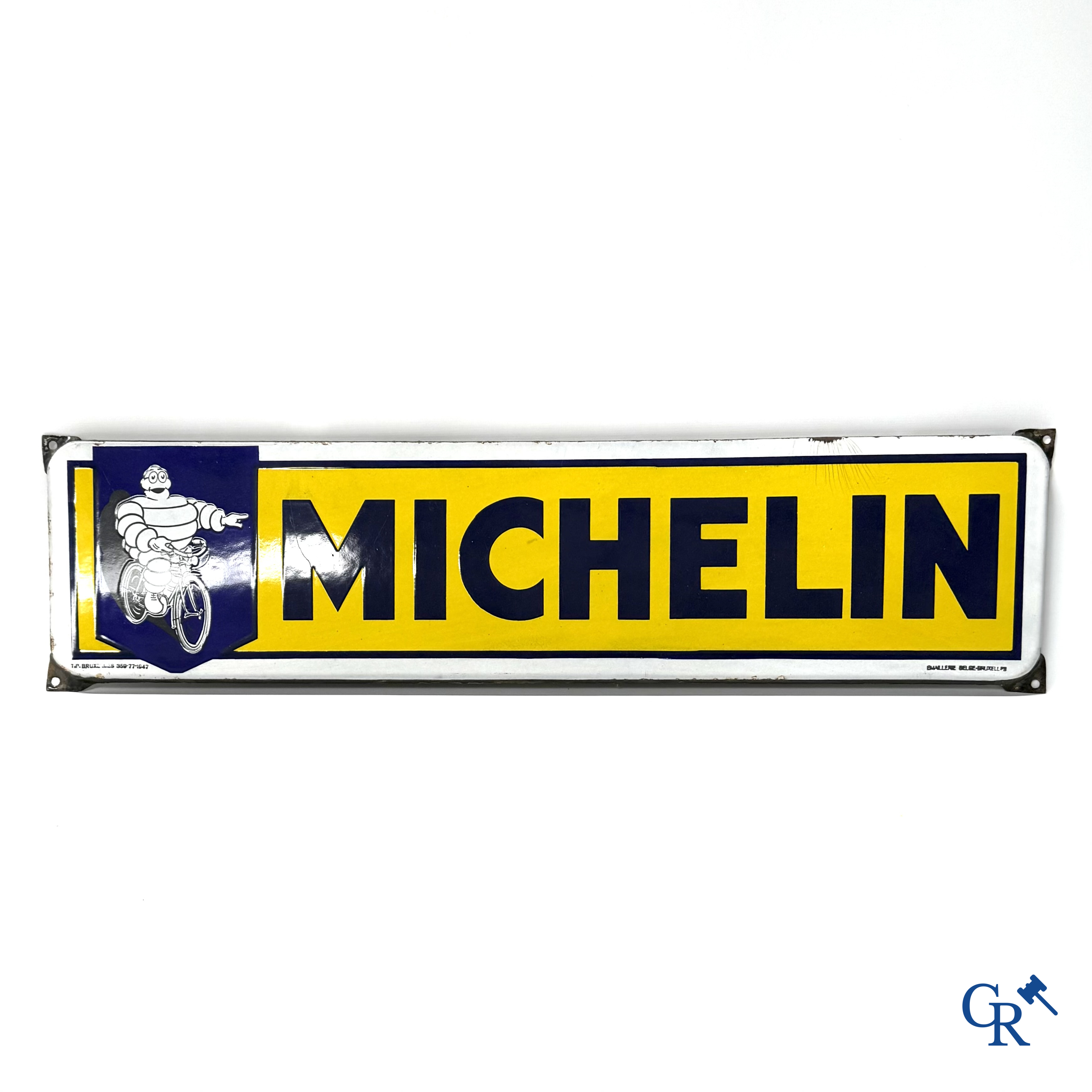 Michelin, enamel sign with Bibendum on bicycle. Emaillerie Belge, 1947.