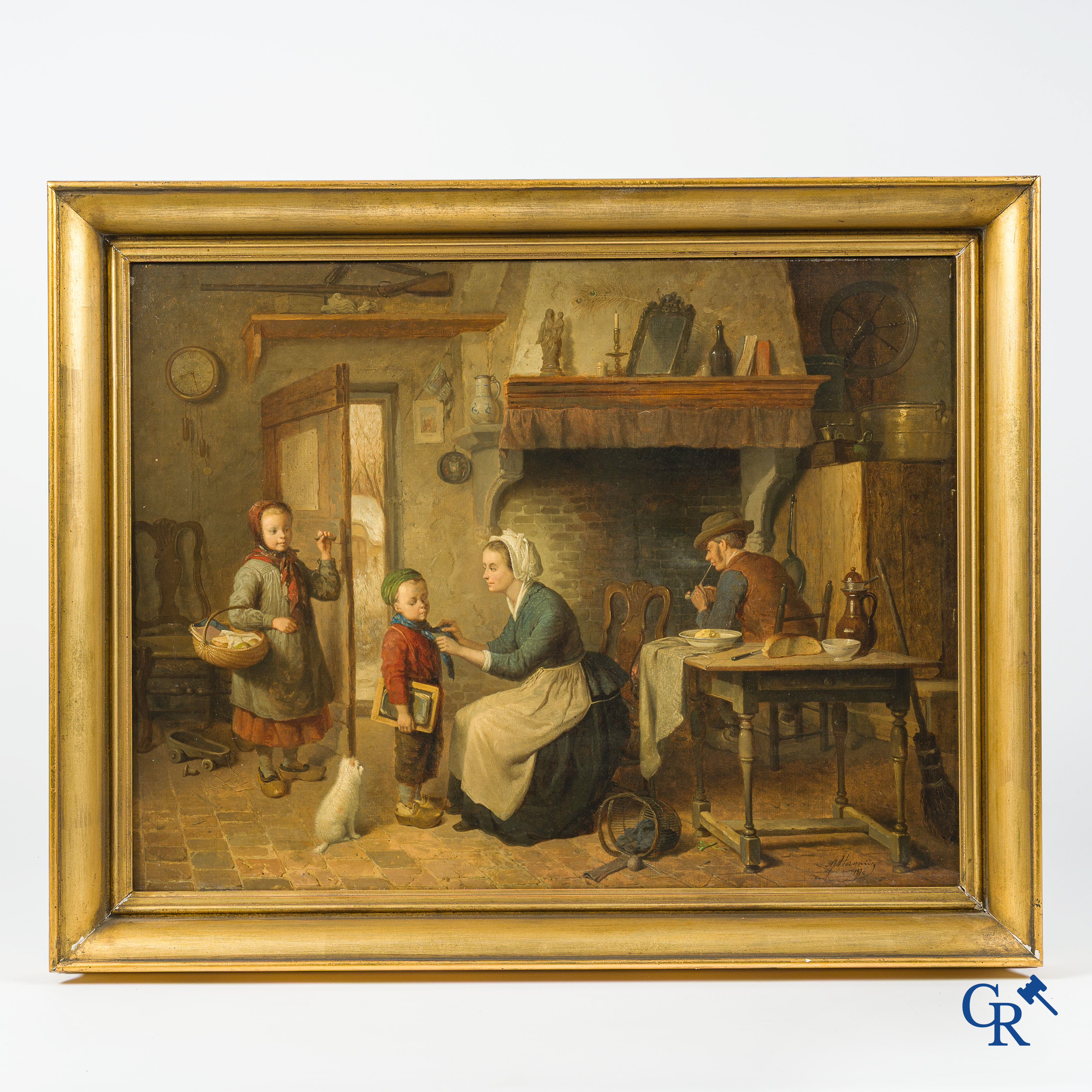 Norbert Joseph Horgnies (1830-1870) "Vertrek naar school" Olie op doek. Rechtsonder gesigneerd en gedateerd 1870.