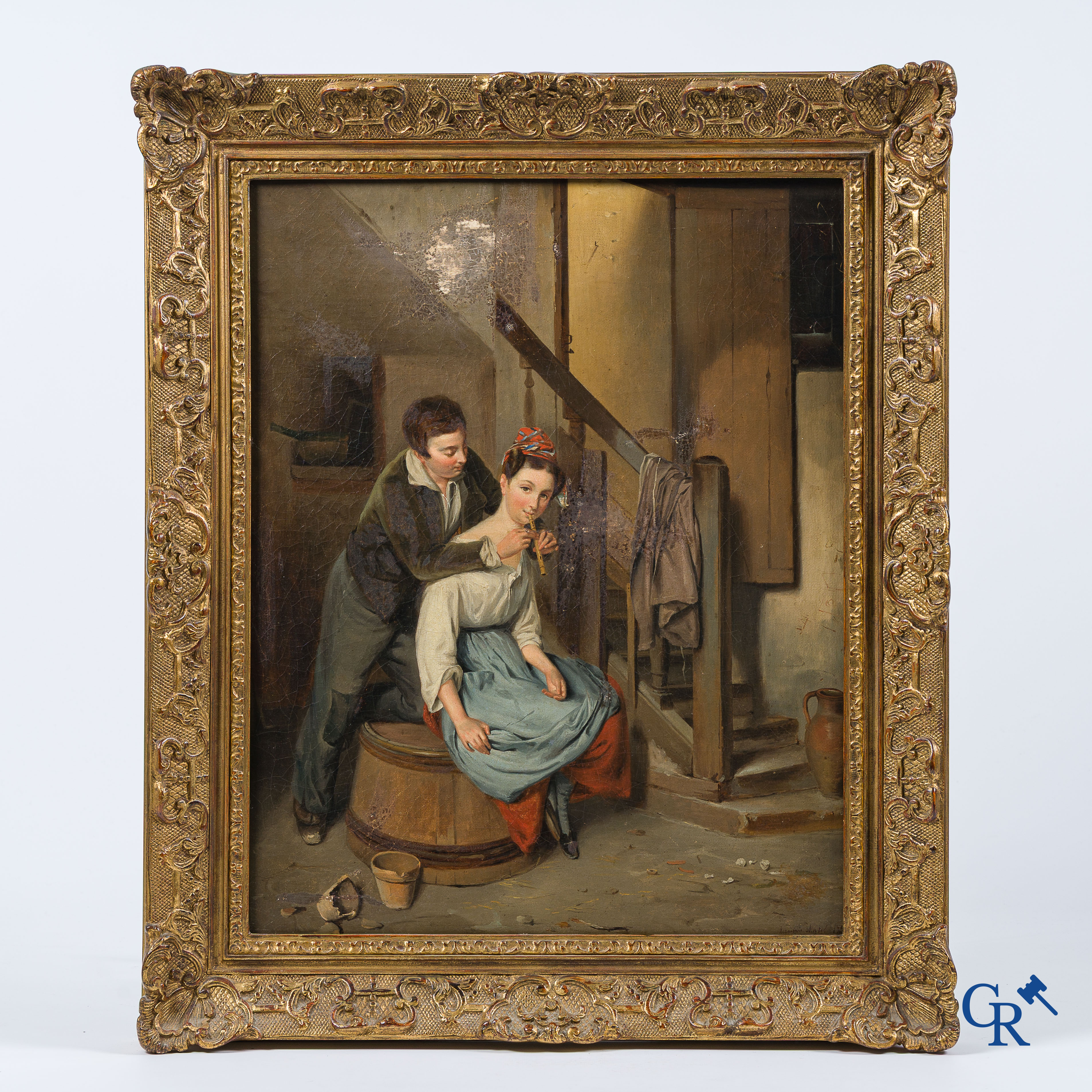 Signé illisible. "Les amoureux". Huile sur toile, signée et datée 1891.