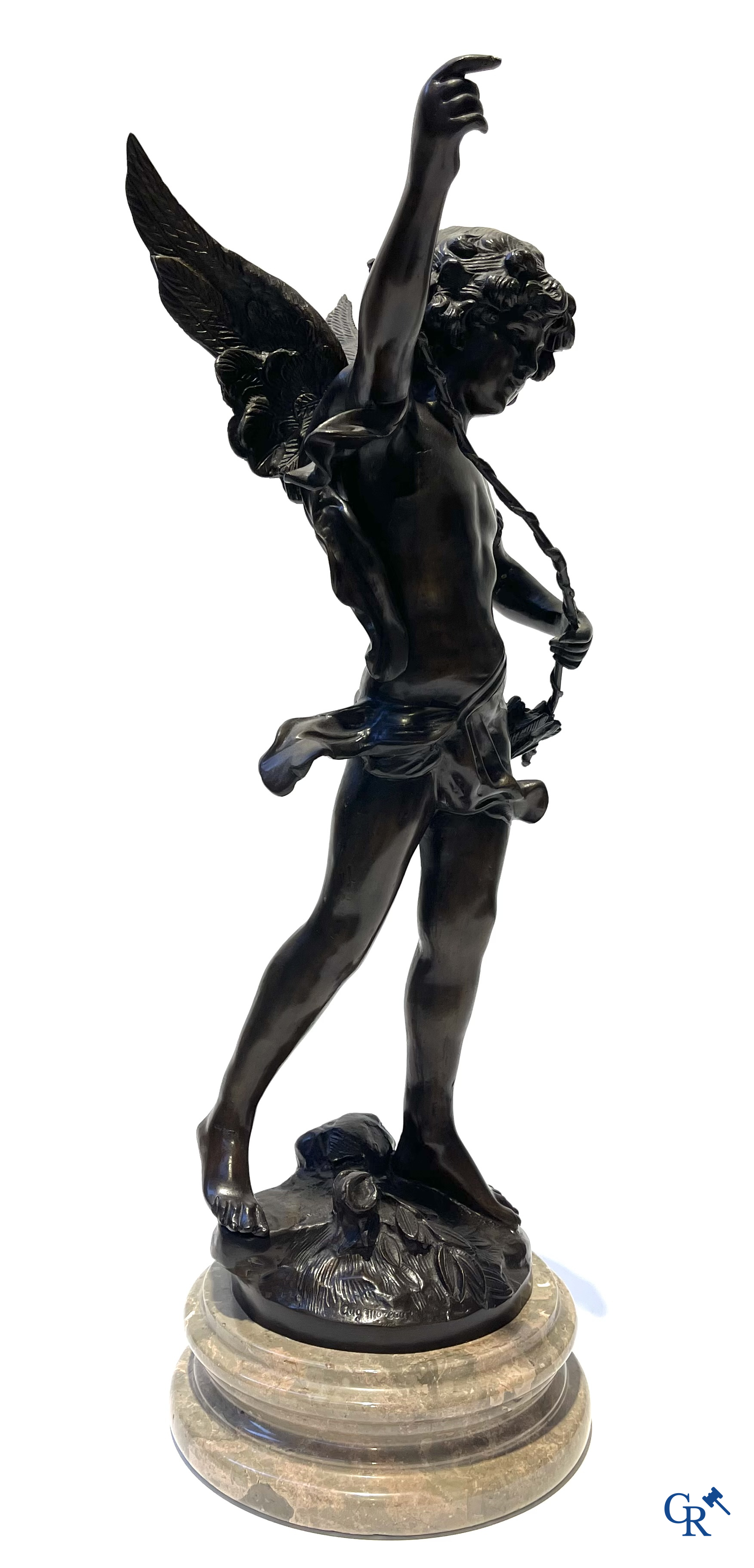 Lot de 3 statues en bronze (posthume) Fille aux fleurs, cupidon d'après Auguste Moreau et femme de style Art Déco.