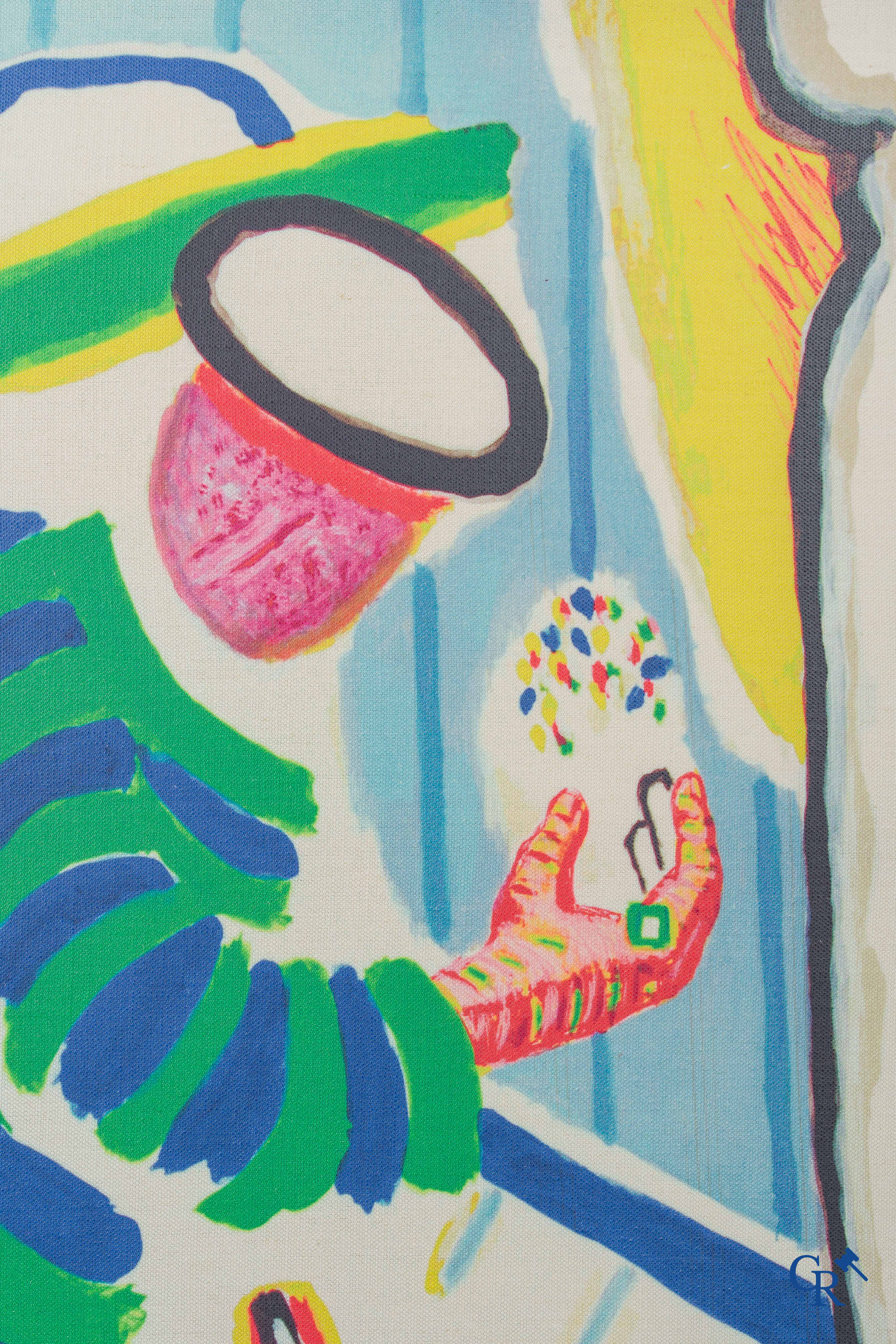 Roger Raveel (1921-2013)(*) "Homme voûté dans un espace rayé" Imprimé sur toile de lin. Numéroté 23/40.