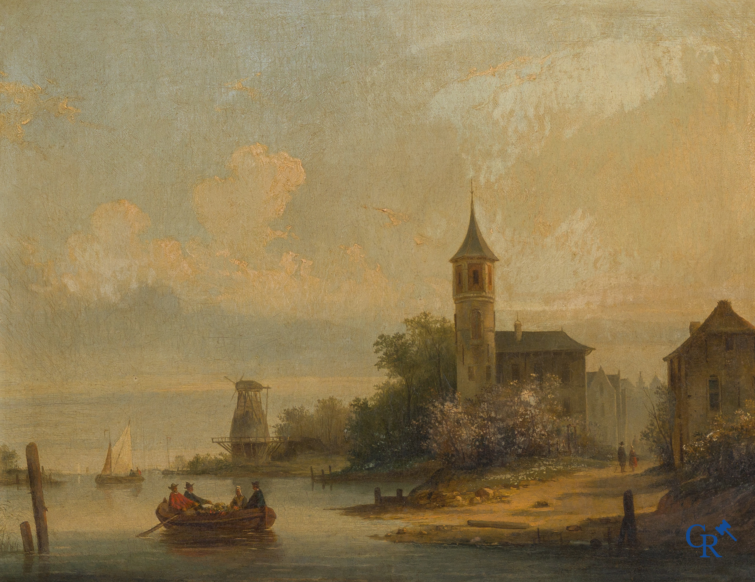 Smets Louis (1840-1896) Paysage hollandais aquatique avec des personnages sur une barque. Huile sur acajou. Signé en bas à droite.