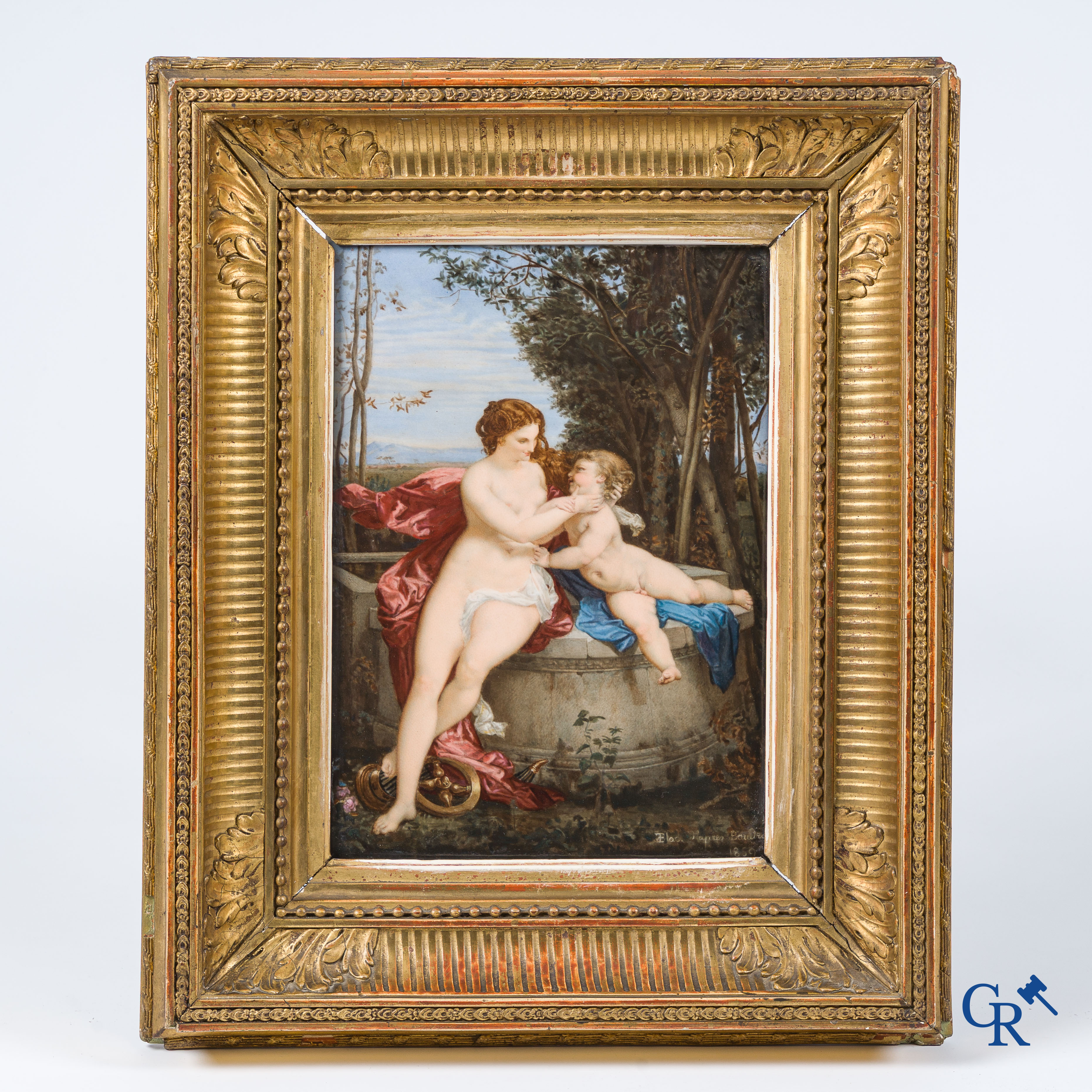 In de stijl van Meissen of KPM. Porselein. Naar Paul Baudry. "La Fortune et le Jeune Enfant" Gedateerd 1859.