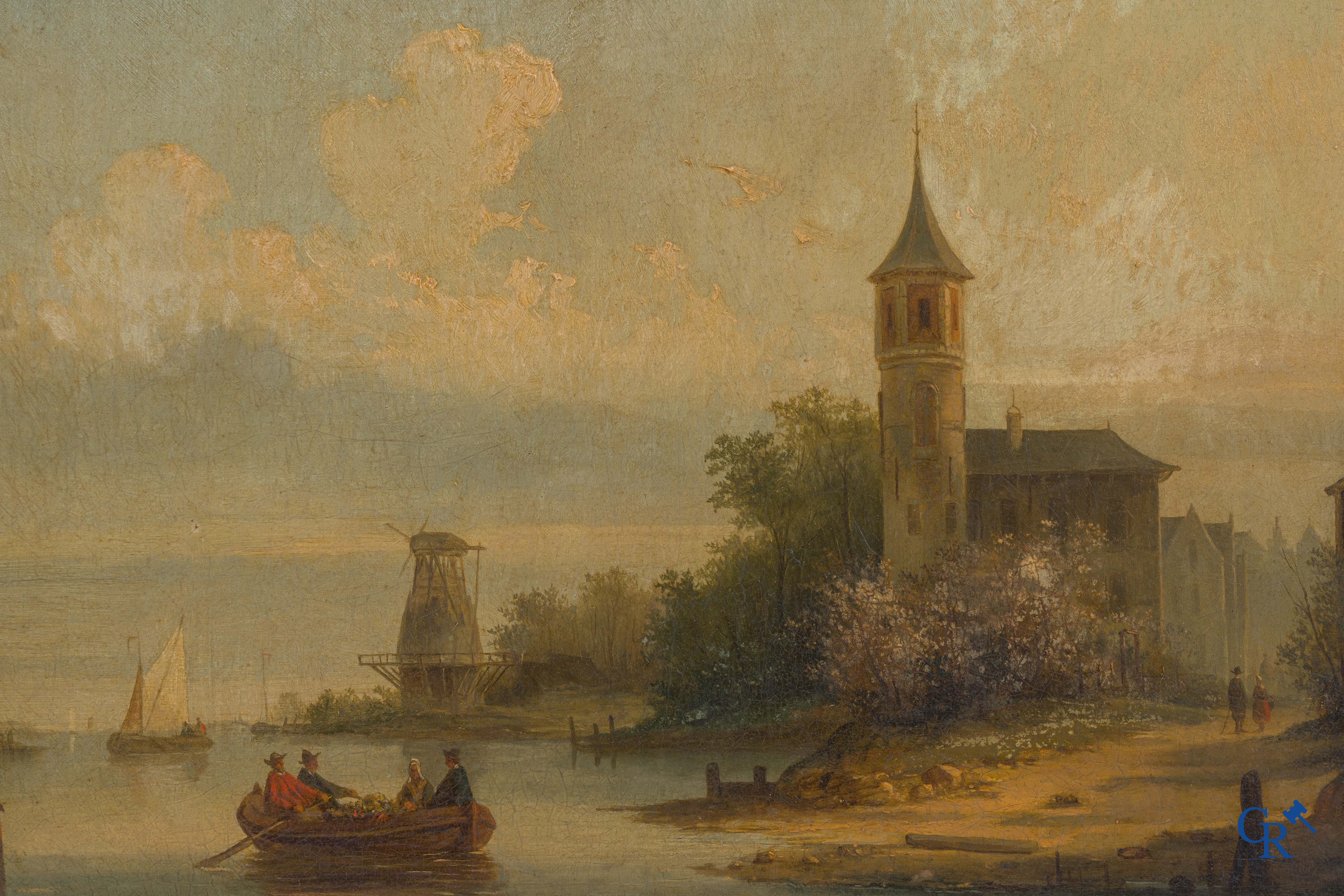 Smets Louis (1840-1896) Paysage hollandais aquatique avec des personnages sur une barque. Huile sur acajou. Signé en bas à droite.