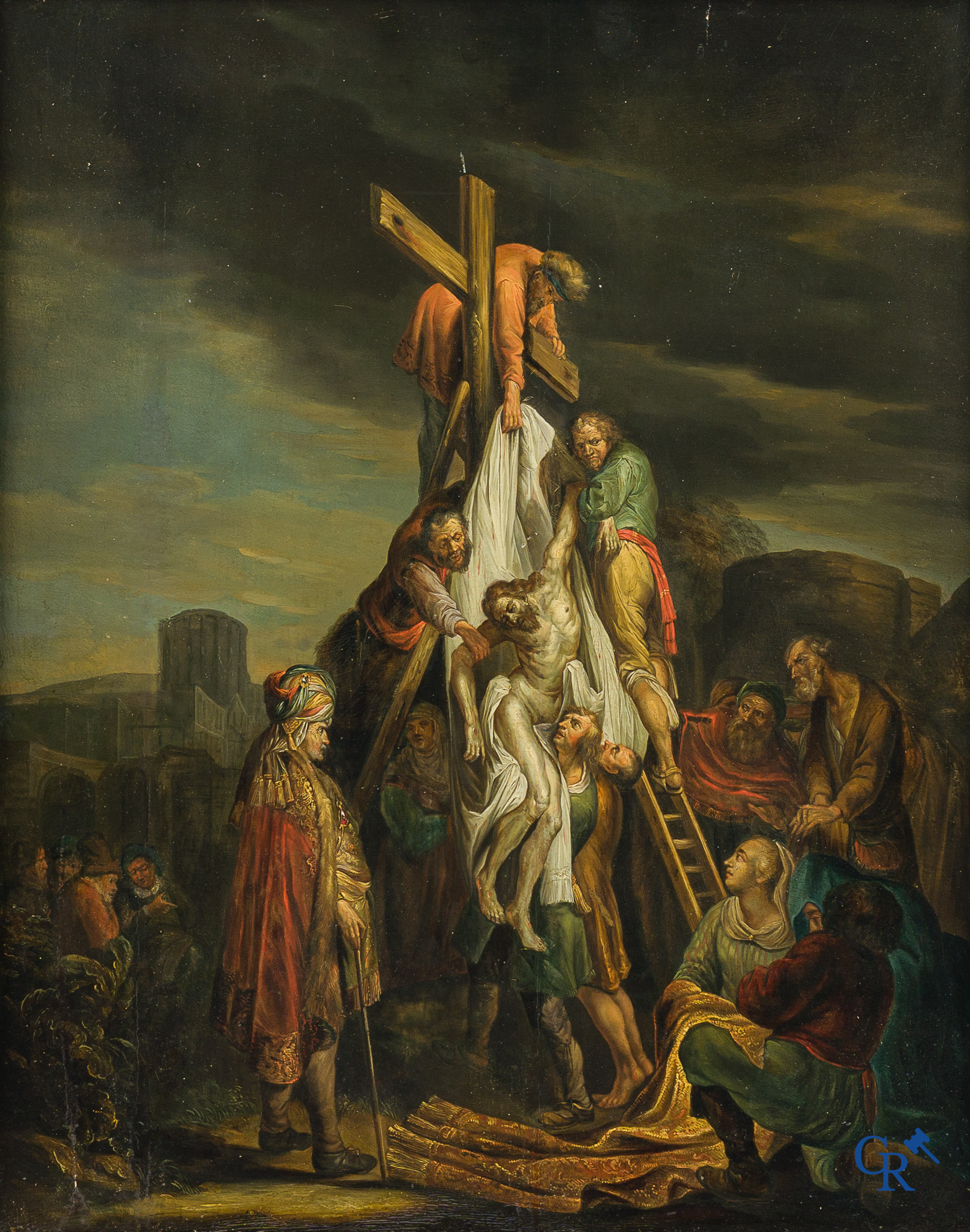 Schilderij. Naar Rembrandt van Rijn. De kruisafname. Olie op paneel, geparketteerd. 18e eeuw.