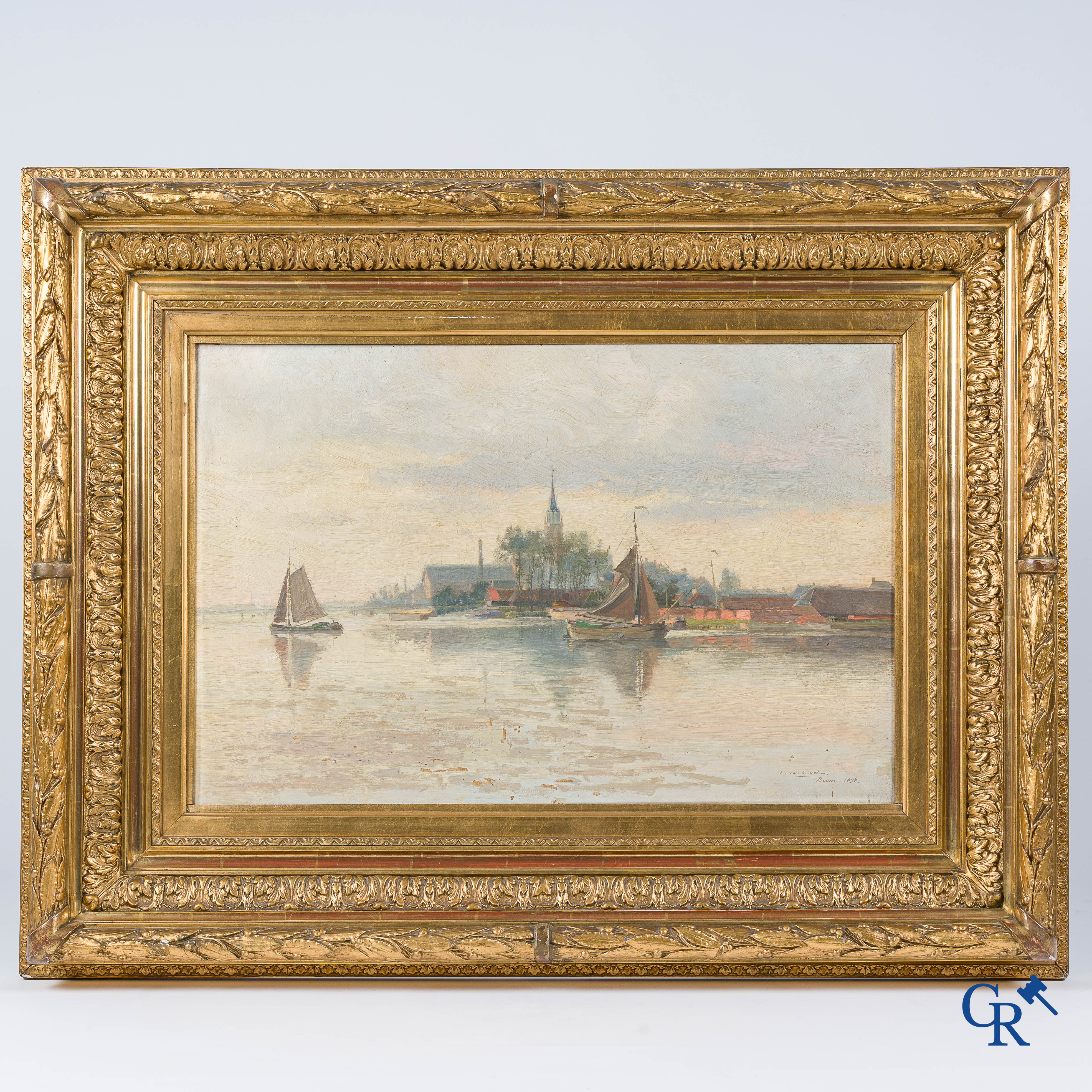 Louis Van Engelen (1856-1940) Vue d'un village avec bateaux sur un lac. Huile sur toile. Signée et datée Boom 1894.