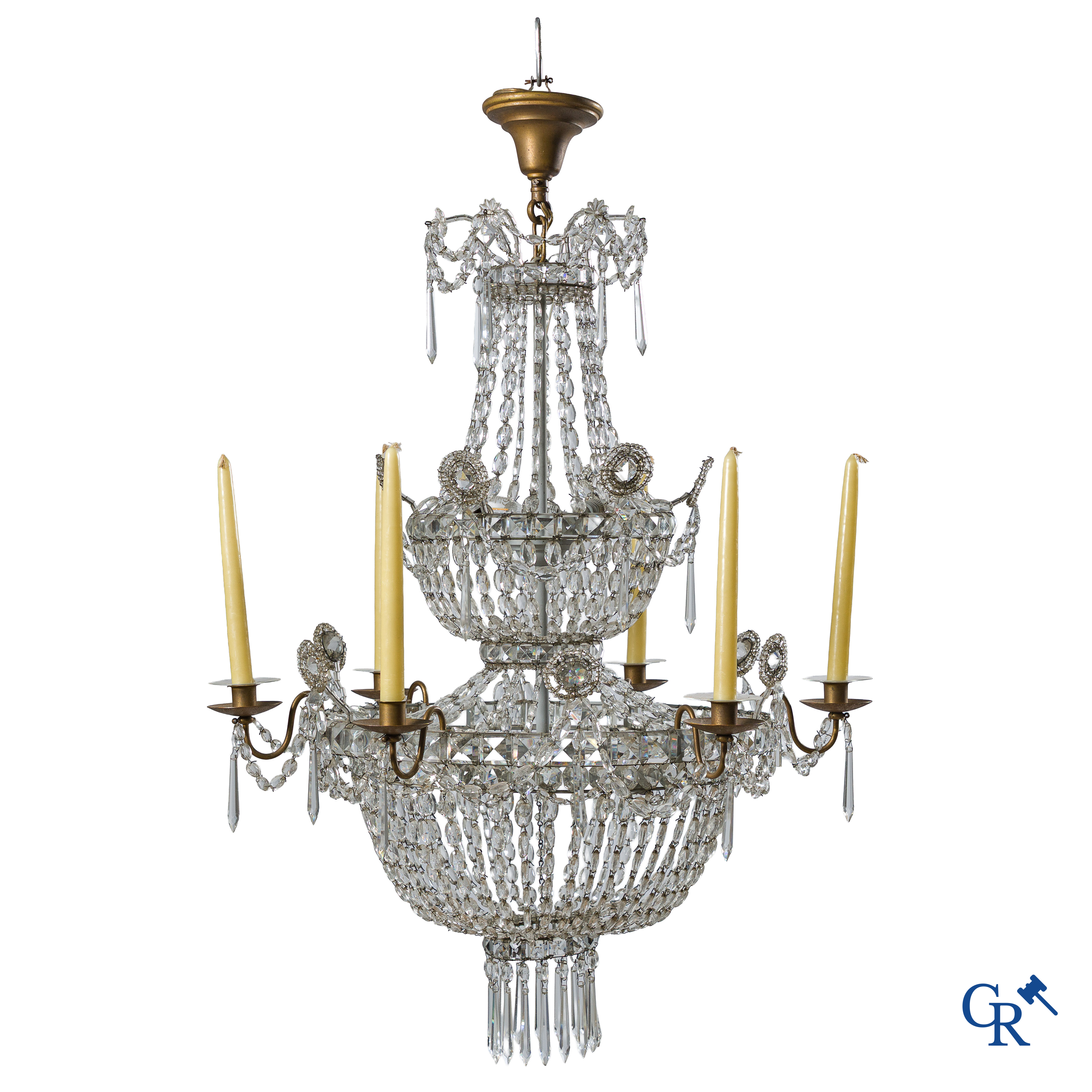 Lustre décoratif "Sac à perles" à 5 branches. Double niveau avec cristal à facettes. Vers 1900.