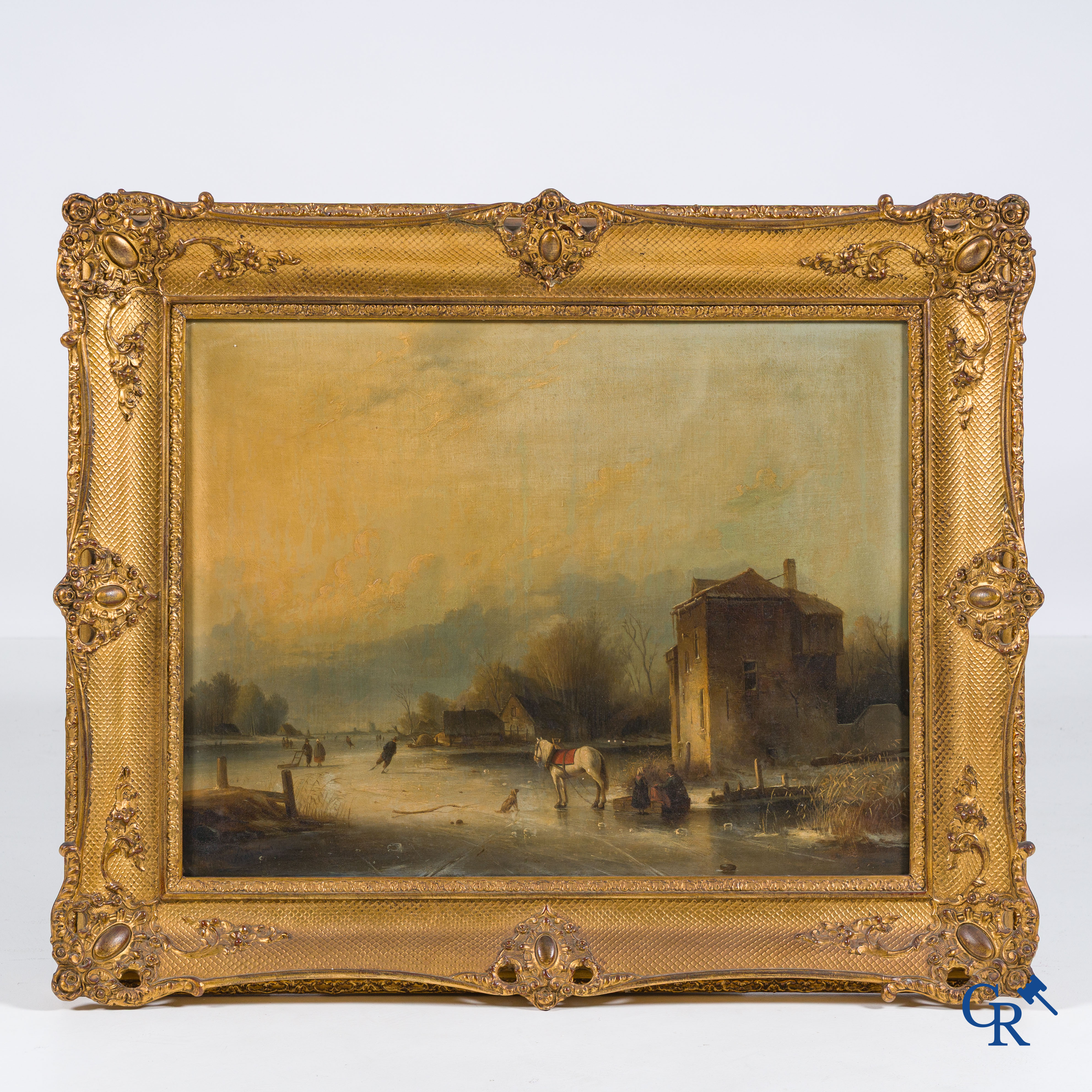 Smets Louis, (1840-1896) Winter waterlandschap met personages en een paard op het ijs. Olie op mahonie.