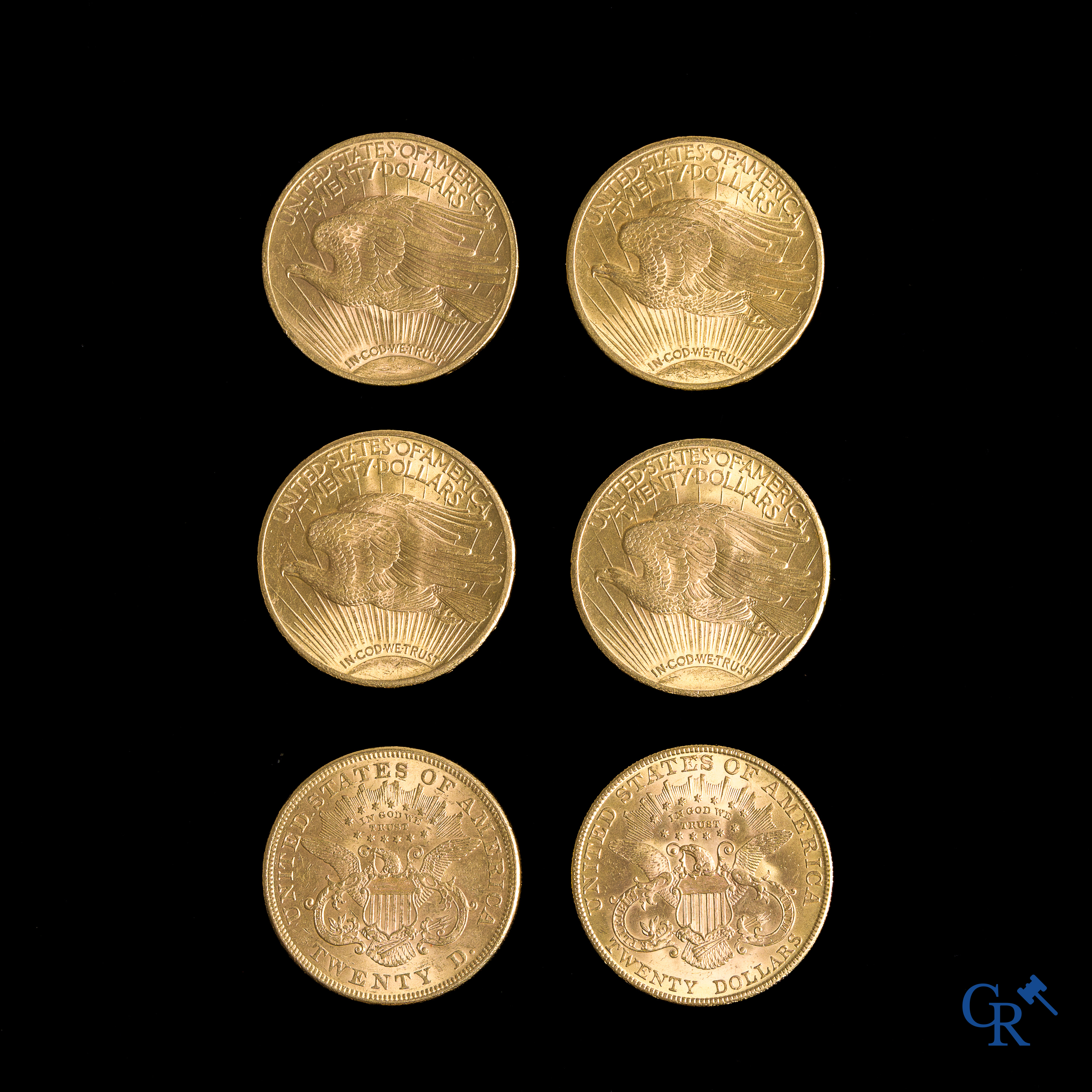 Pièces de monnaie. 6 dollars US en or. 4 x Liberty (1923, 1924 (2) et 1928). 2 x Gaudens (1873 et 1907).