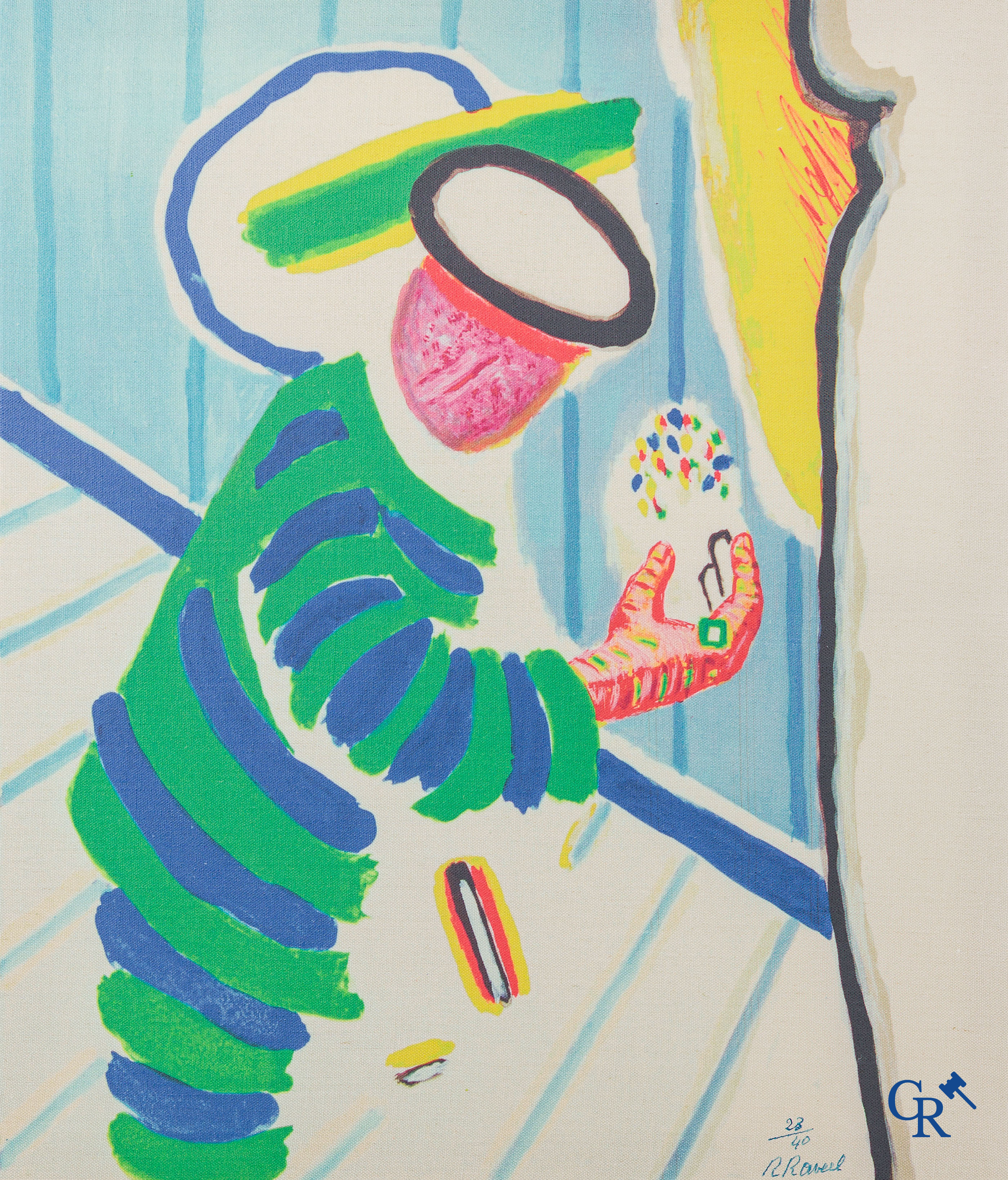 Roger Raveel (1921-2013)(*) "Homme voûté dans un espace rayé" Imprimé sur toile de lin. Numéroté 23/40.