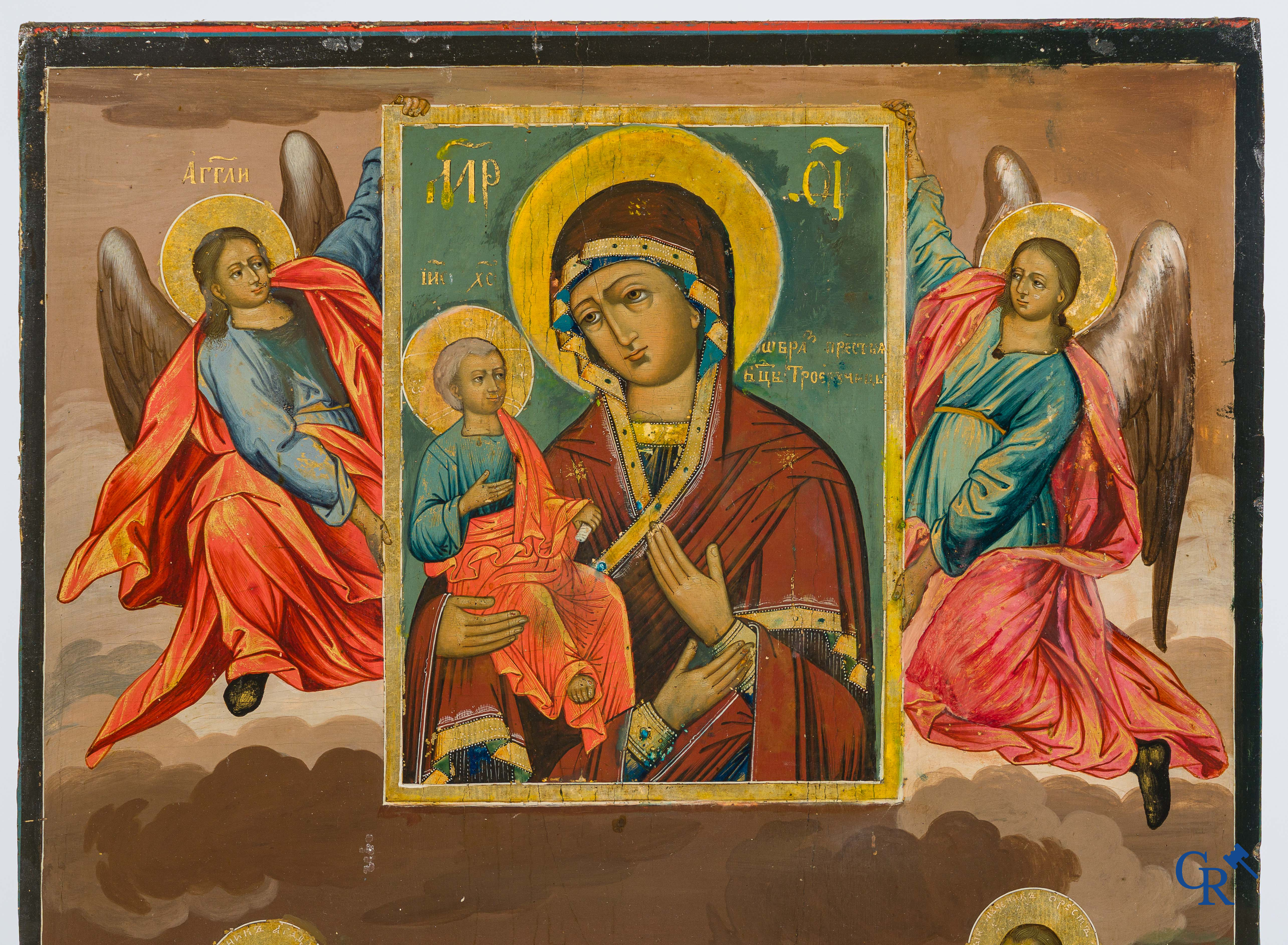 Objets religieux. Importante icône orthodoxe russe représentant la vénération des saints. XIXe siècle.