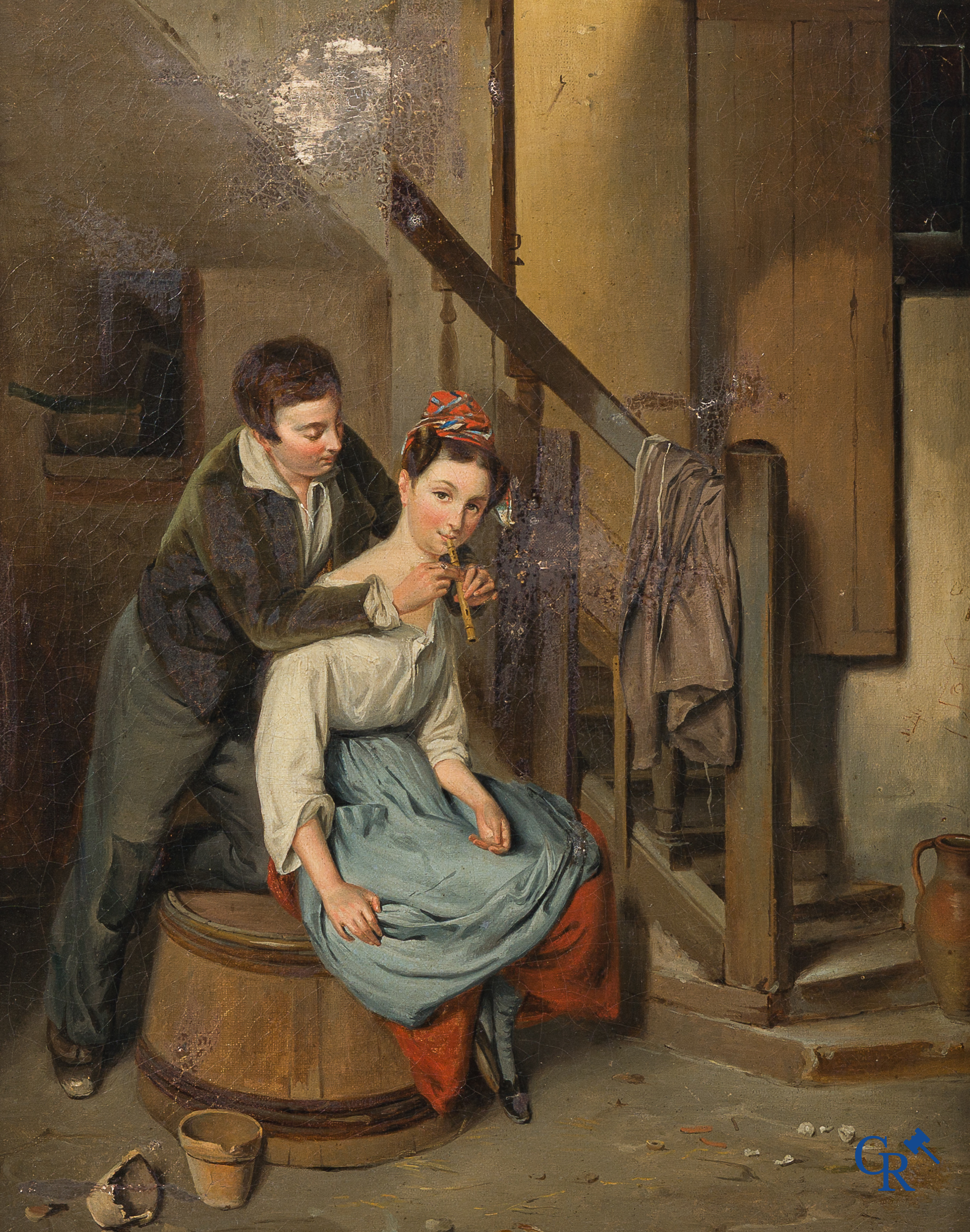Signé illisible. "Les amoureux". Huile sur toile, signée et datée 1891.