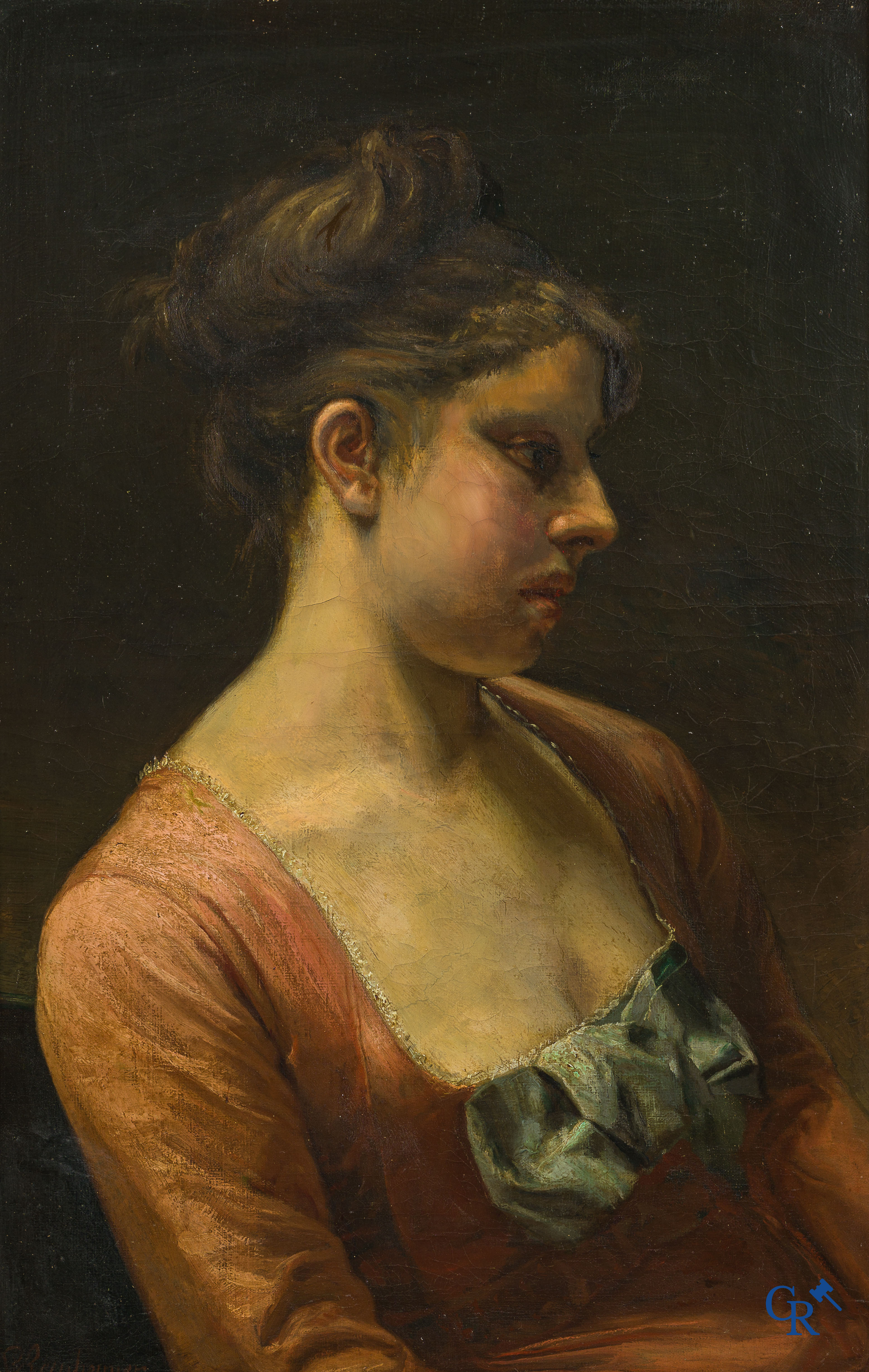 Georges Reinheimer. "Méditation" Portrait d'une jeune femme de profil. Huile sur toile. Signée en bas à gauche. XIXe siècle.