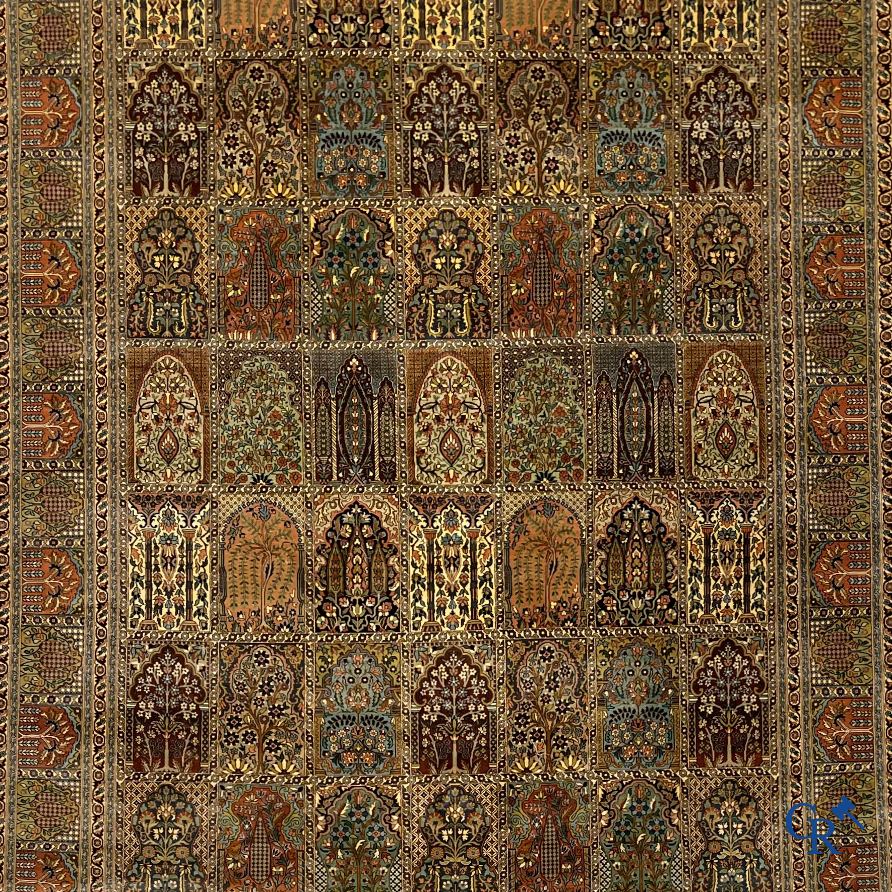 Tapis d'orient. Exceptionnel tapis en soie Khesti "garden design". Cachemire.