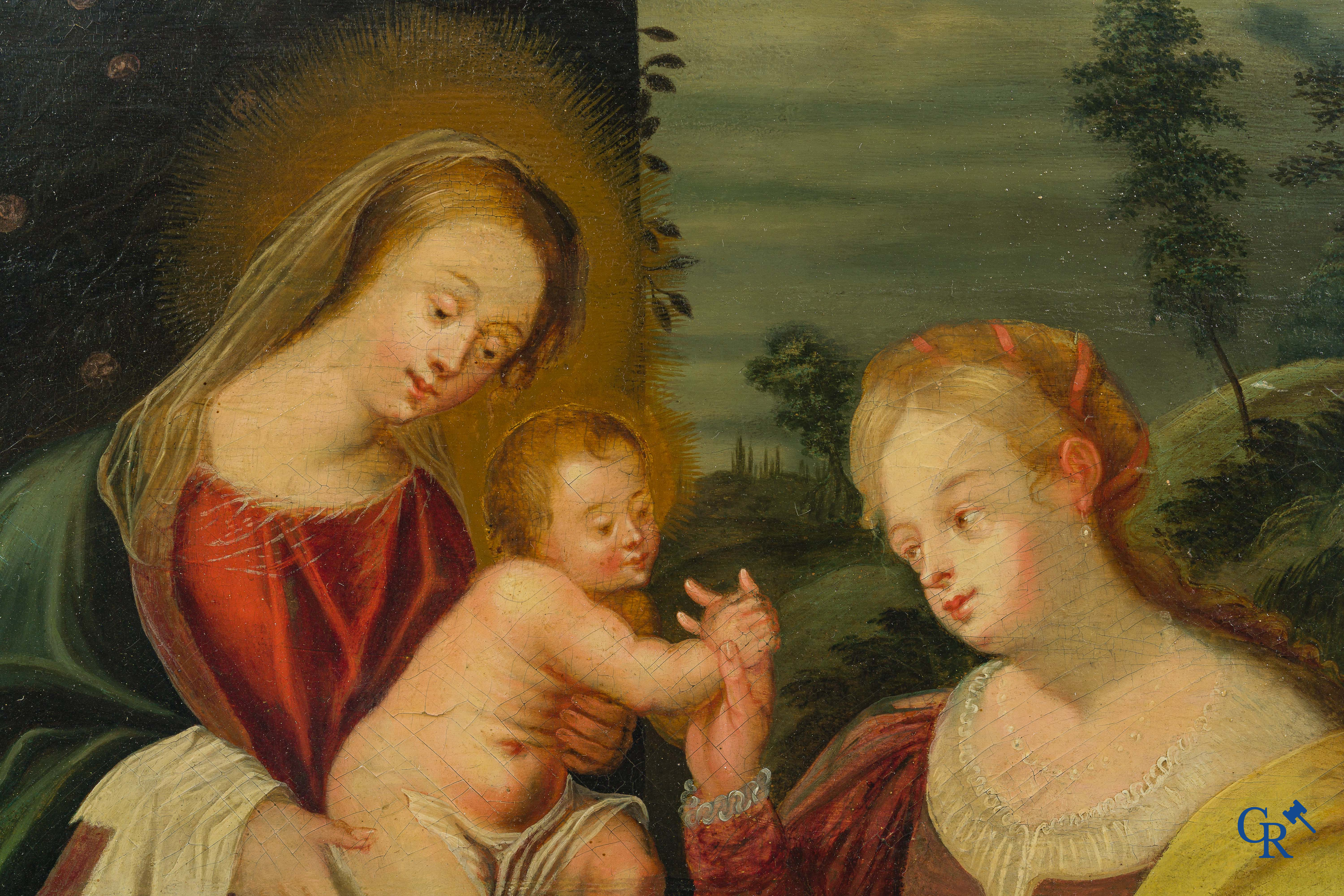 École flamande, XVIIe siècle. Peinture, huile sur panneau. "Mariage mystique de Sainte Catherine".