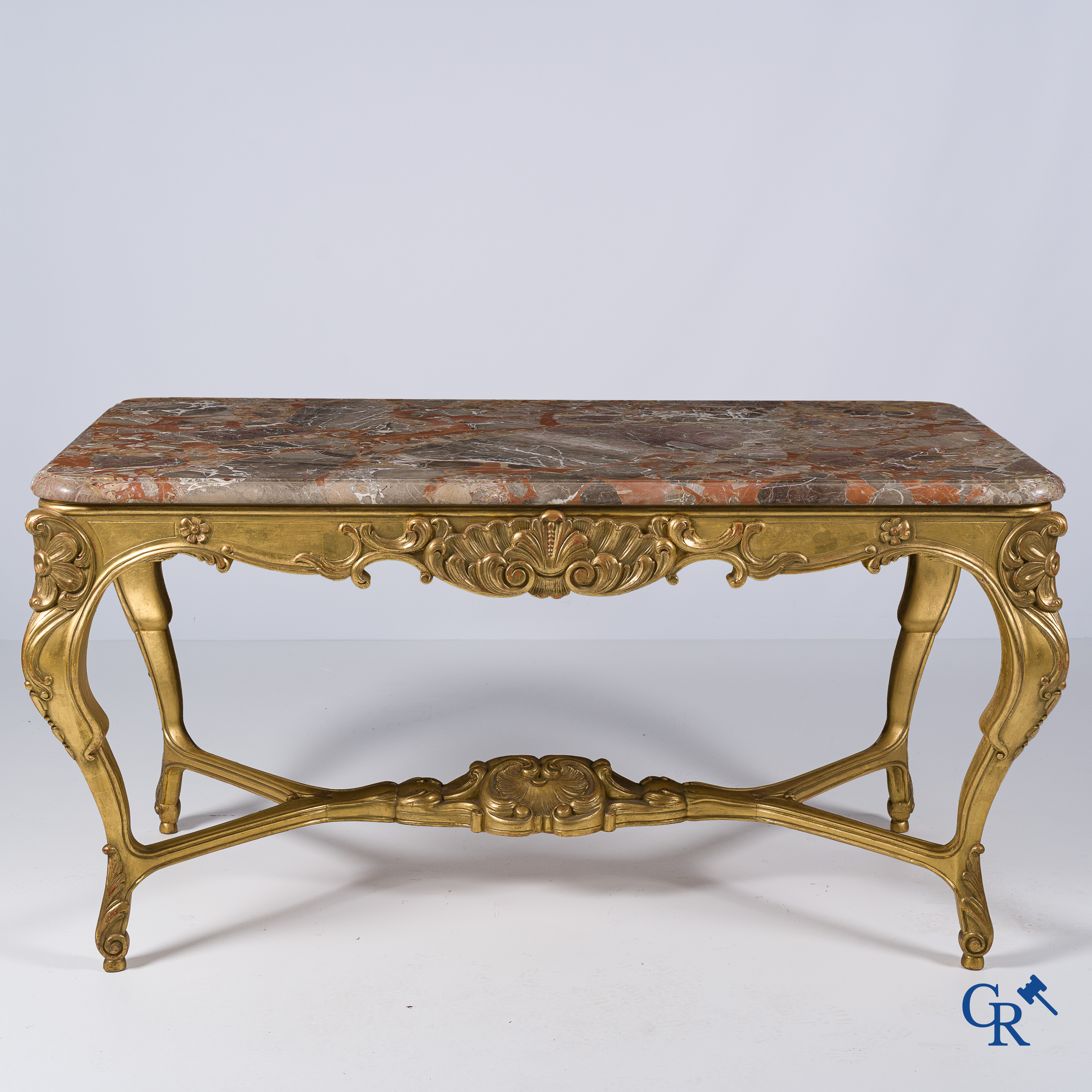 Table console en bois sculpté et doré avec plateau en marbre. Style LXV.