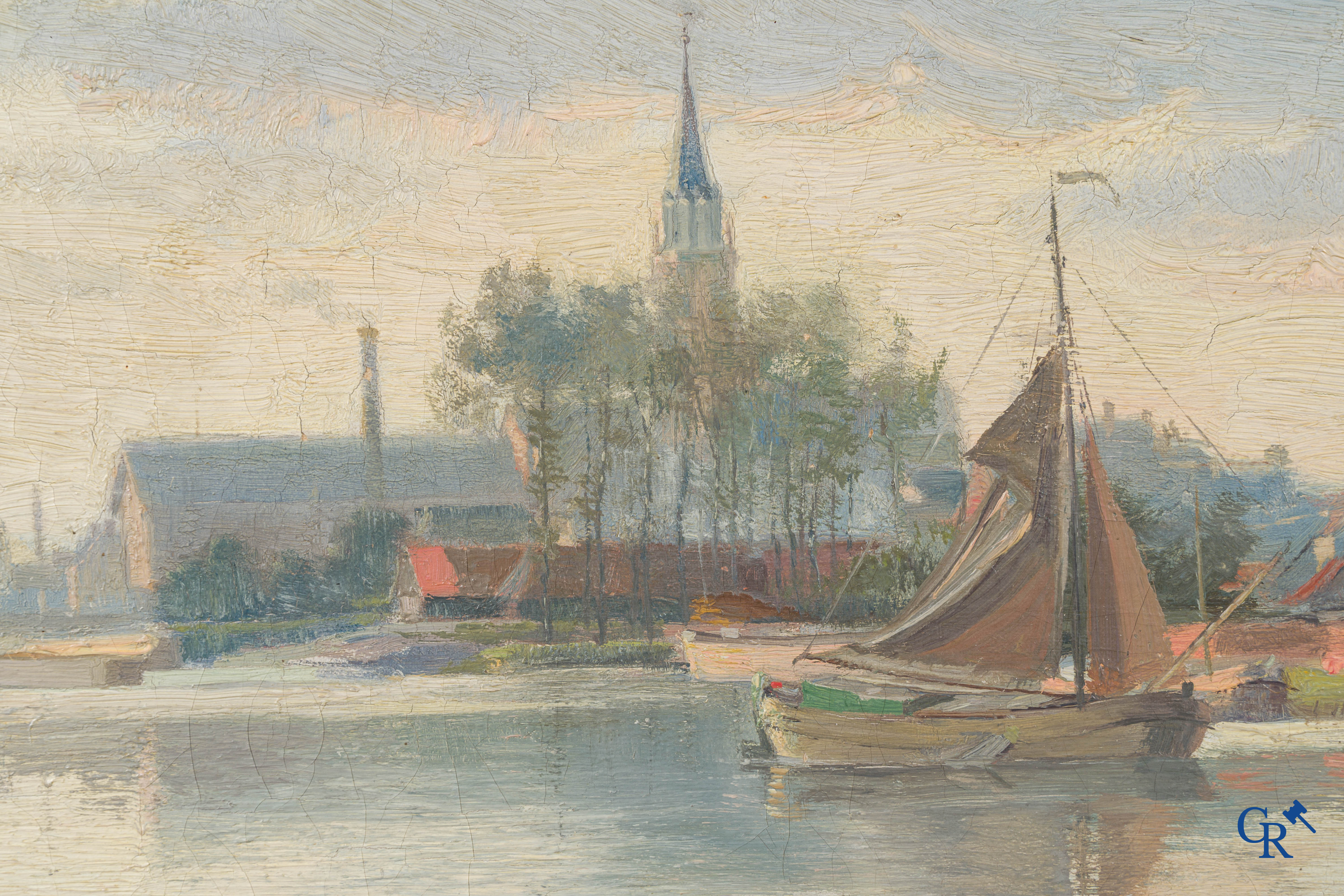 Louis Van Engelen (1856-1940) Vue d'un village avec bateaux sur un lac. Huile sur toile. Signée et datée Boom 1894.