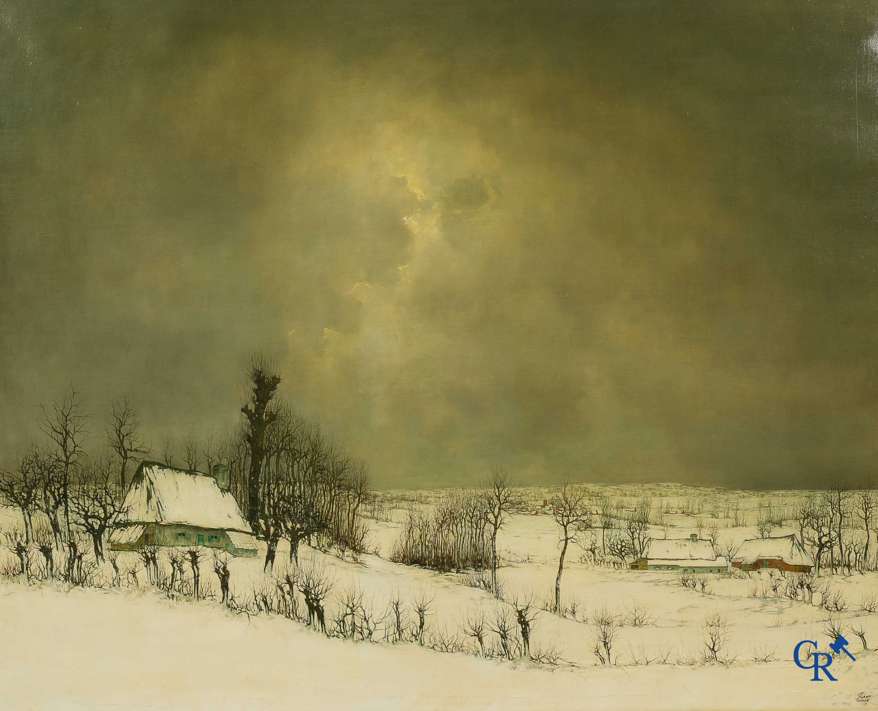 Leo Piron (1899-1962) Paysage hivernal, vue de Nukerke. Huile sur toile. Signé en bas à droite Piron Nukerke.