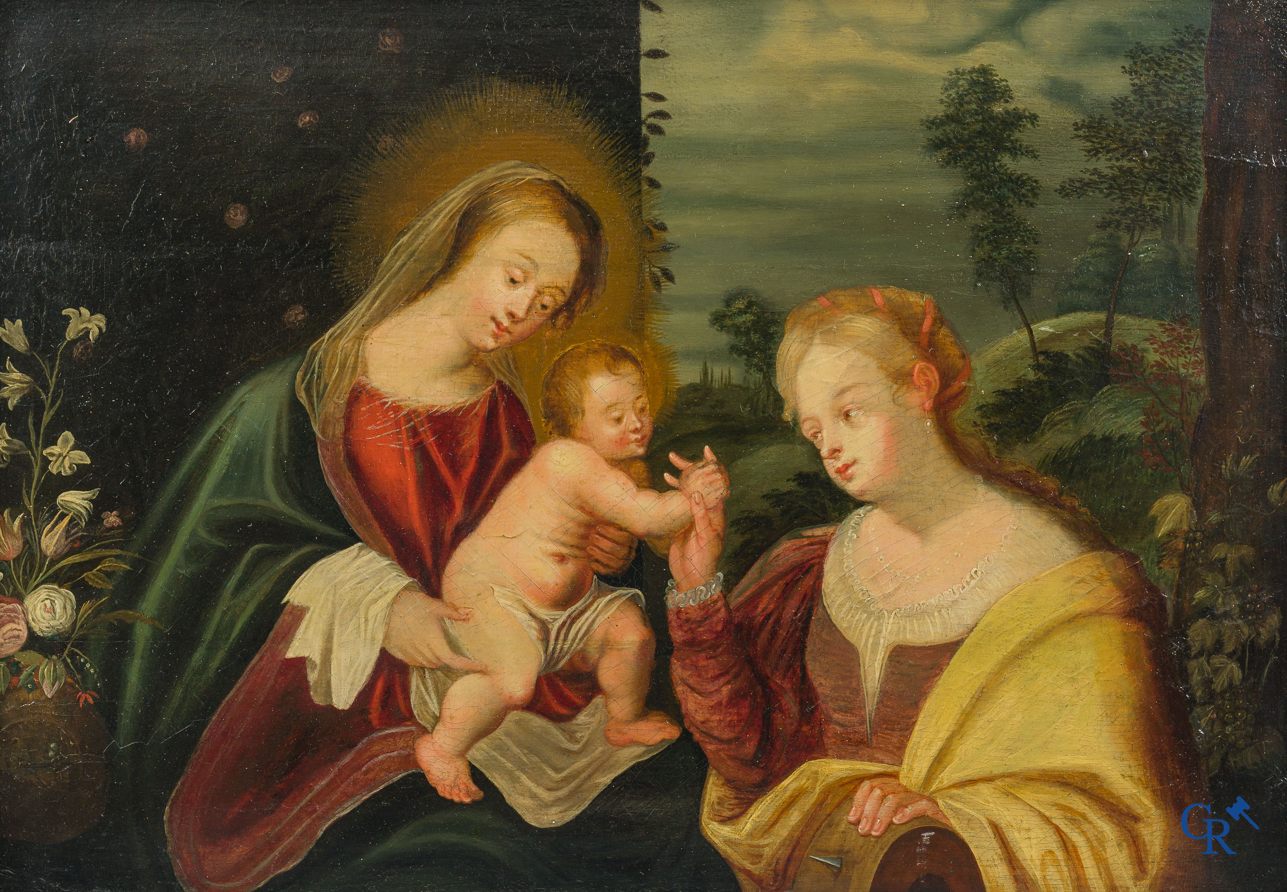 École flamande, XVIIe siècle. Peinture, huile sur panneau. "Mariage mystique de Sainte Catherine".