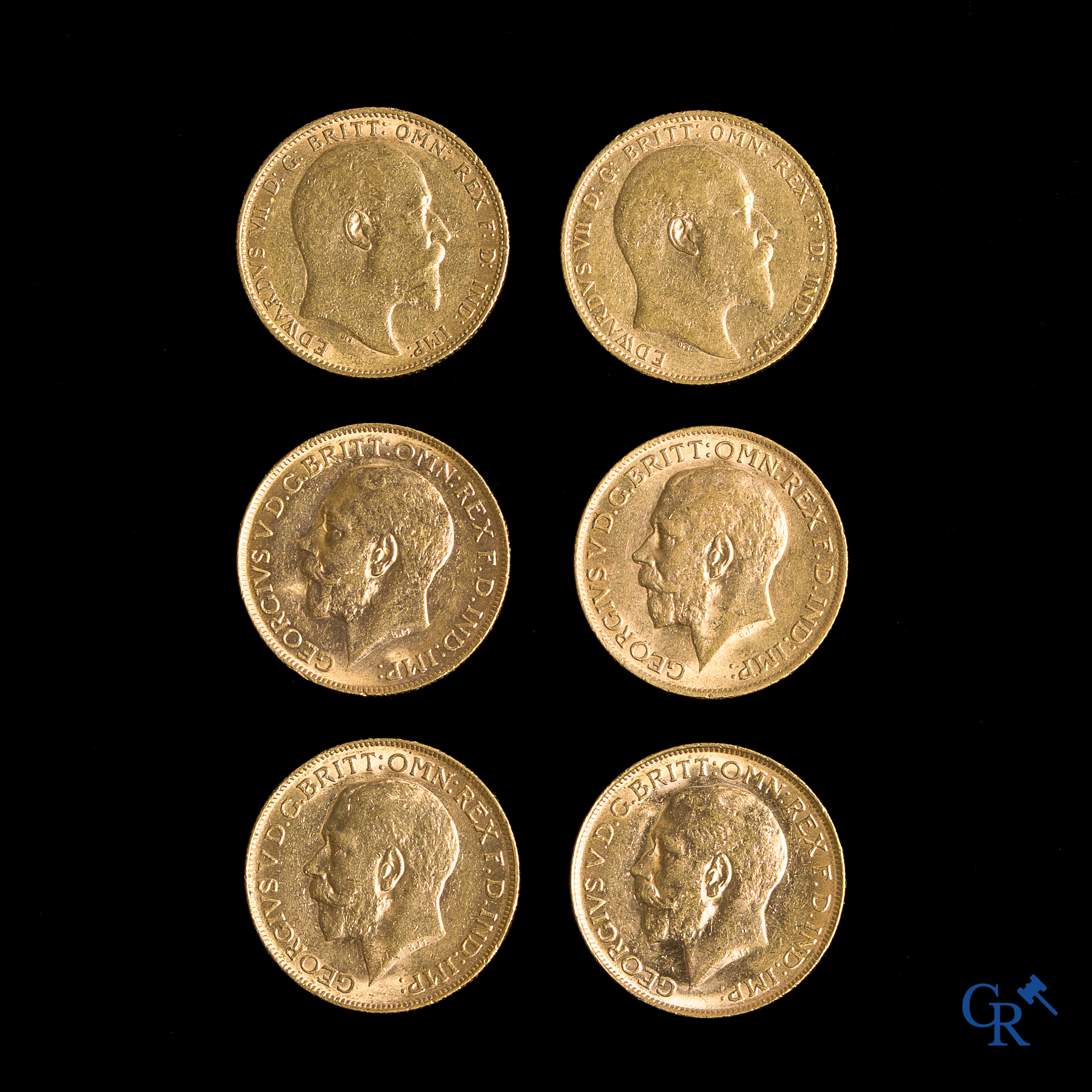 6 gouden Britse ponden. 4 munten Georges V, 1911 - 1912 - 1913 (2) en 2 munten Edwardus VII, 1902 - 1910.