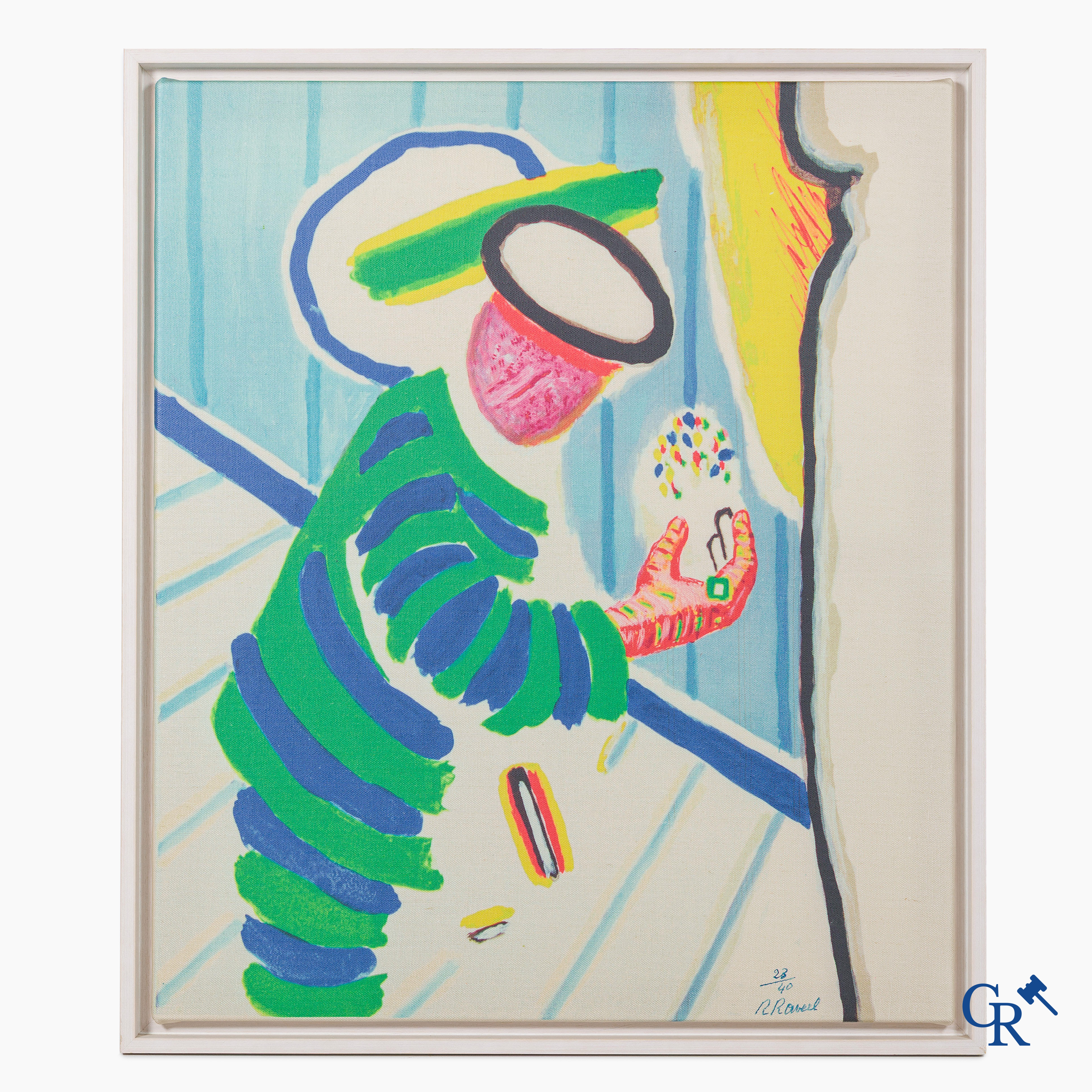 Roger Raveel (1921-2013)(*) "Homme voûté dans un espace rayé" Imprimé sur toile de lin. Numéroté 23/40.