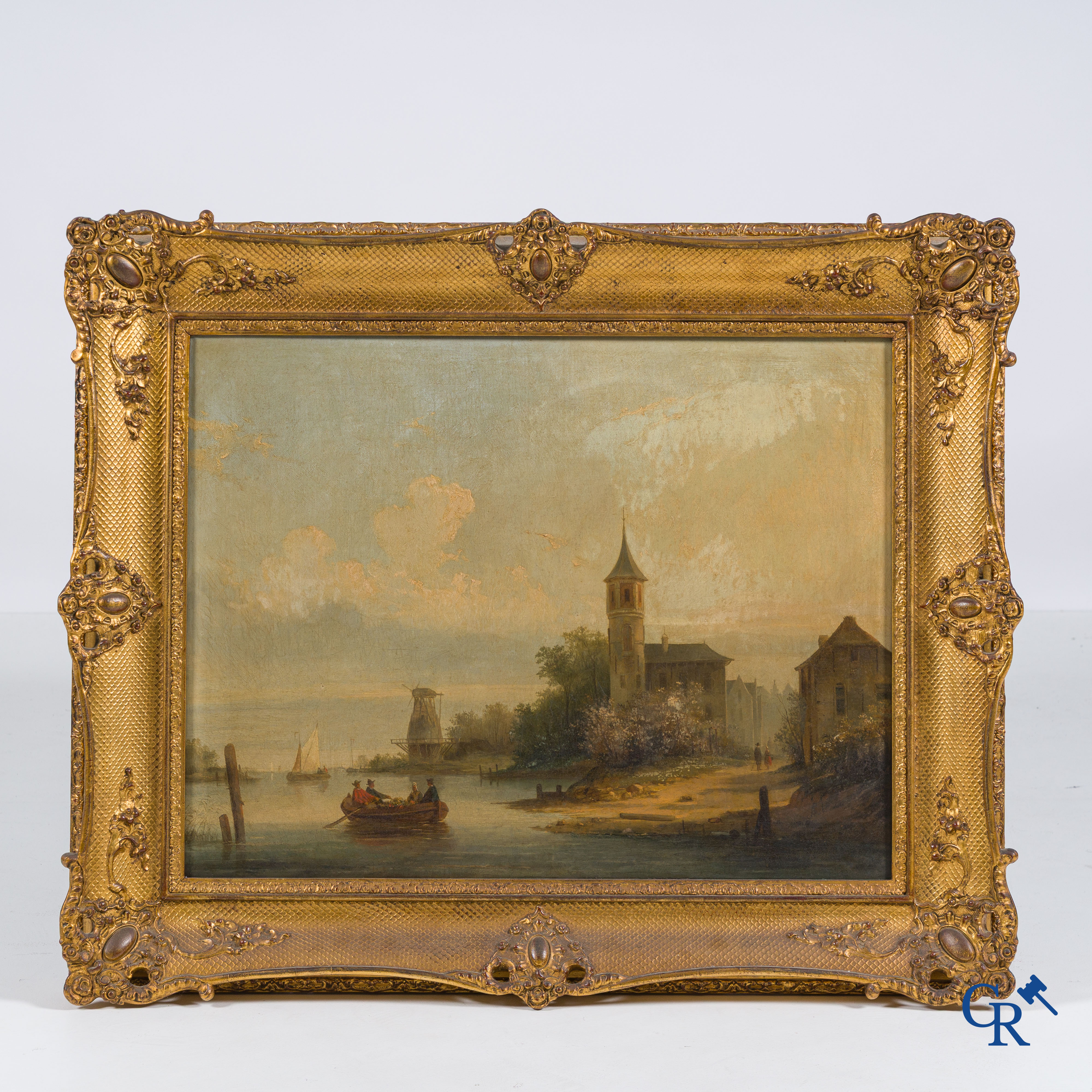 Smets Louis (1840-1896) Paysage hollandais aquatique avec des personnages sur une barque. Huile sur acajou. Signé en bas à droite.