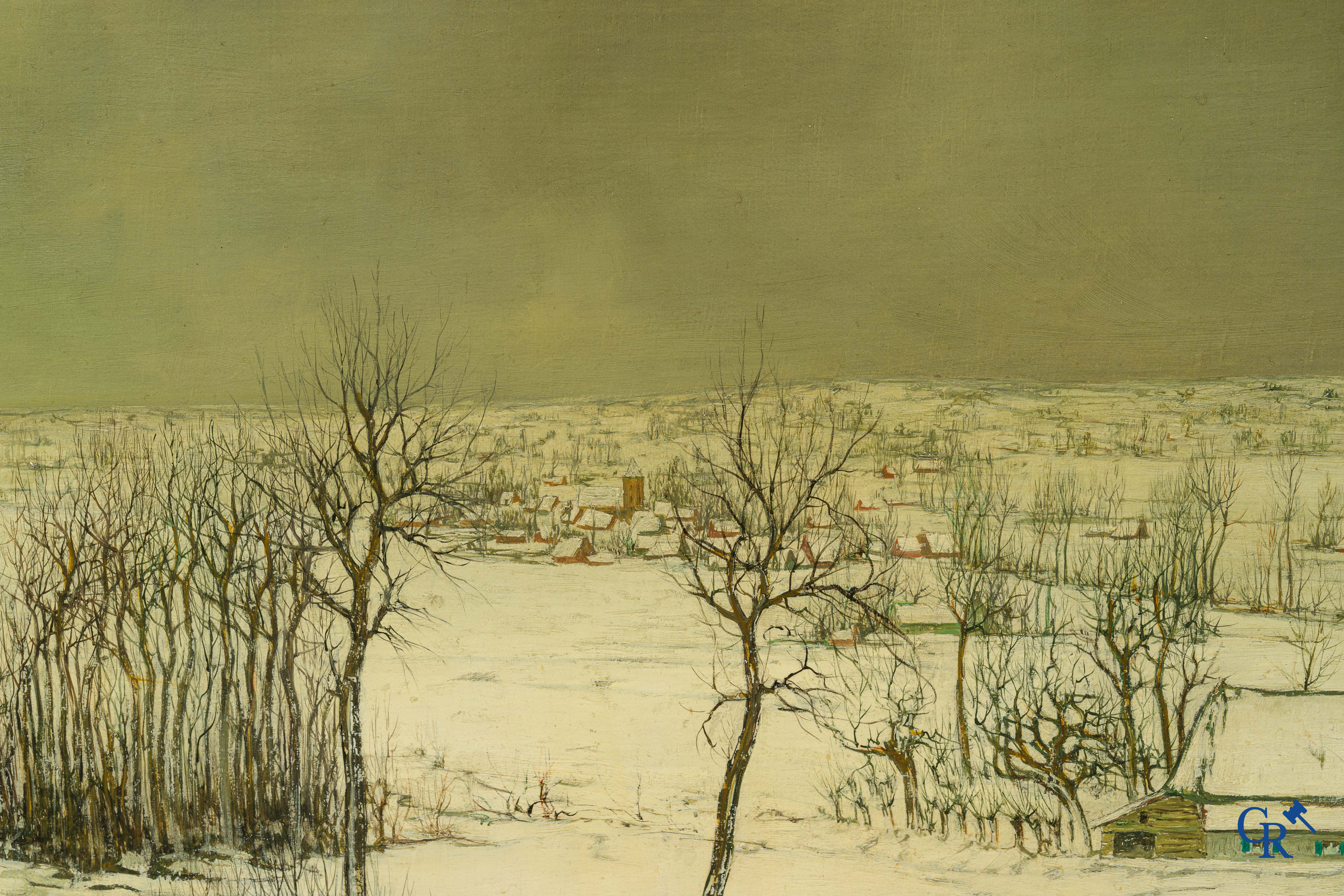 Leo Piron (1899-1962) Paysage hivernal, vue de Nukerke. Huile sur toile. Signé en bas à droite Piron Nukerke.
